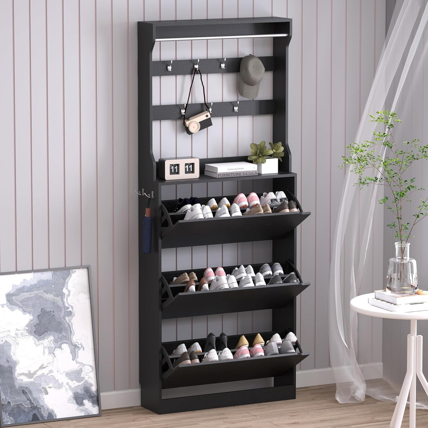 Shoe Cabinet with 3 Flip Drawers, Hidden Wood Shoe Cabinet,Freestanding Shoe Storage Cabinet for Entryway Hallway.White. 47.2" H*31.5" W*9.25" D.