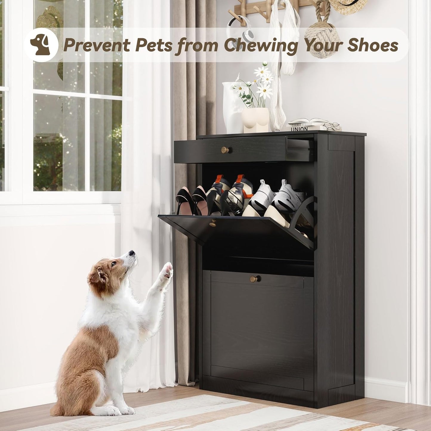 Shoe Cabinet with 2 Flip Drawers, Slim Freestanding Hidden Shoe Organizer with Drawer, Pet-Proof Shoe Storage Cabinet for Entryway Living Room Behind The Door, Black