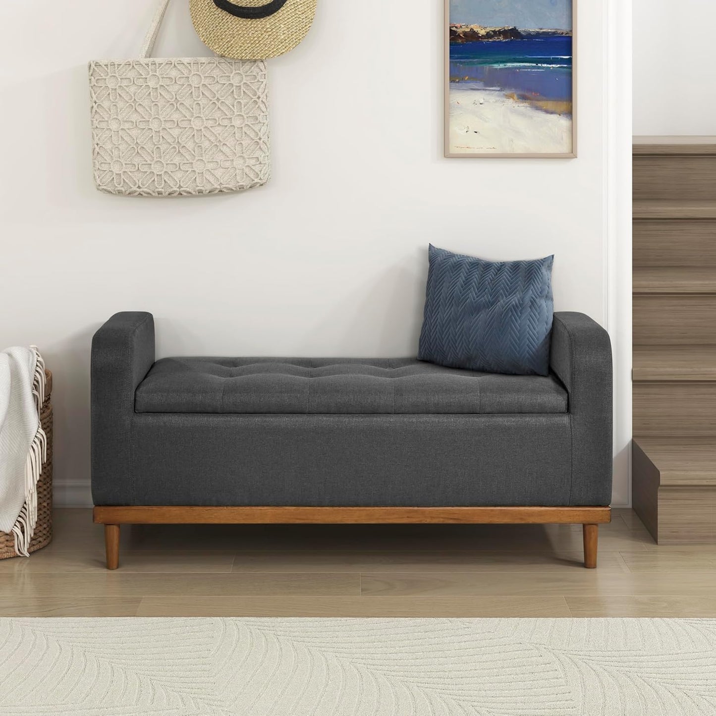 Lexicon Armed Fabric Storage Bench, Button-Tufted Storage Ottoman Bench, Lift-top Bench with Solid Wood Frame and Legs for Hallway, Bedroom End of Bed, Entryway, Living Room, Brown