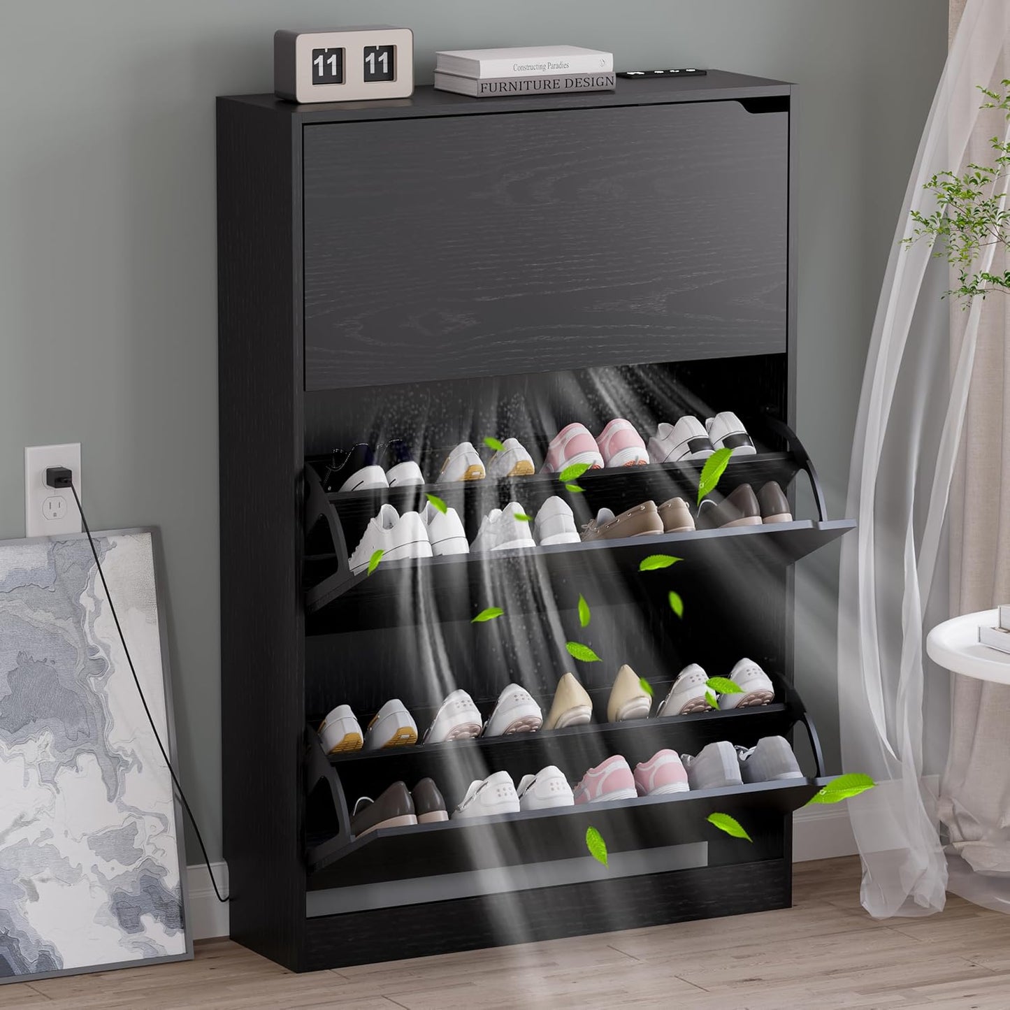 Shoe Cabinet with 3 Flip Drawers, Hidden Wood Shoe Cabinet,Freestanding Shoe Storage Cabinet for Entryway Hallway.White. 47.2" H*31.5" W*9.25" D.