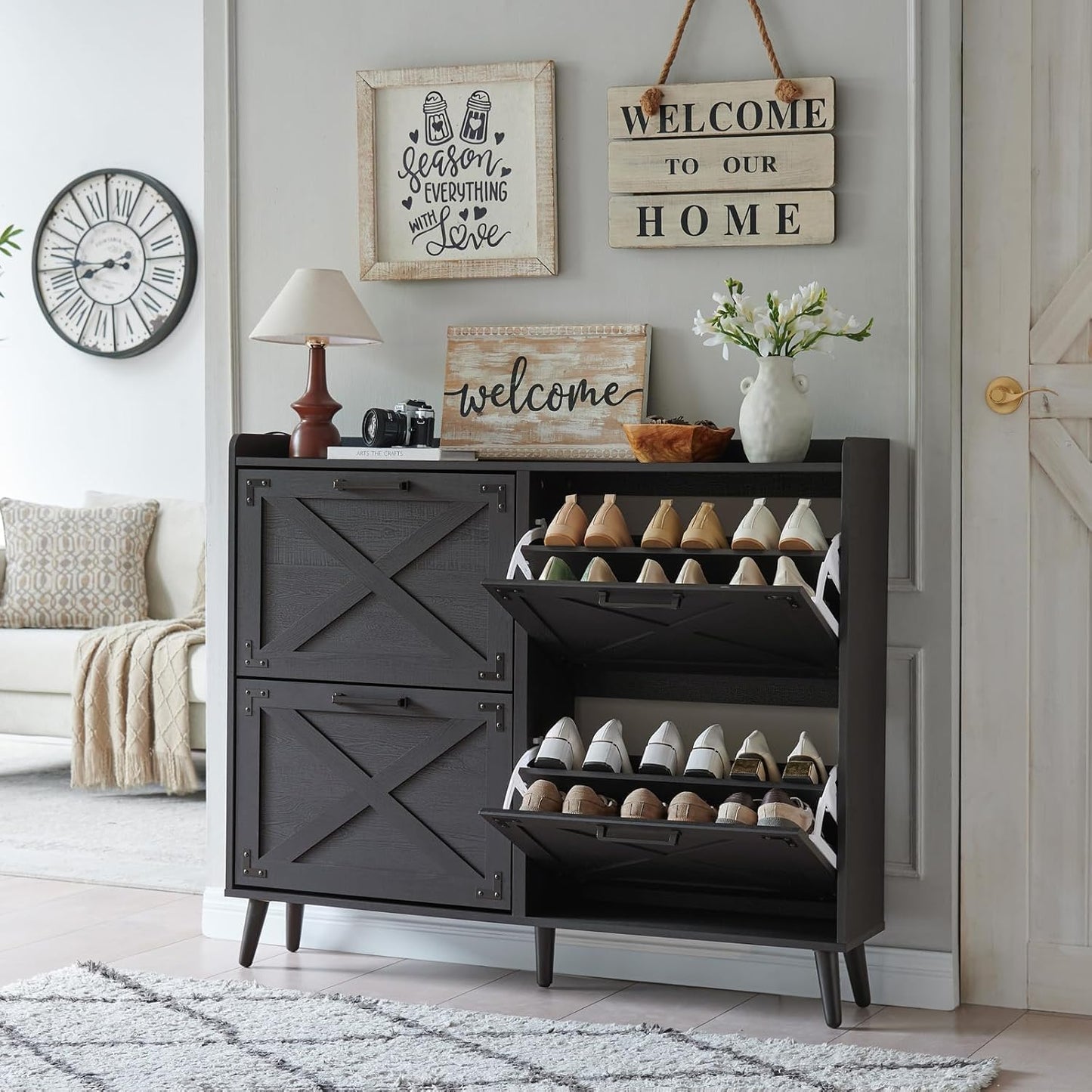 Shoe Storage Cabinet,Farmhouse Shoe Organizer with 2 Flip Drawers & Barn Door Design,Freestanding Hidden Slim Narrow Shoe Rack Cabinet for Entryway,Foyer,Hallway,Walnut