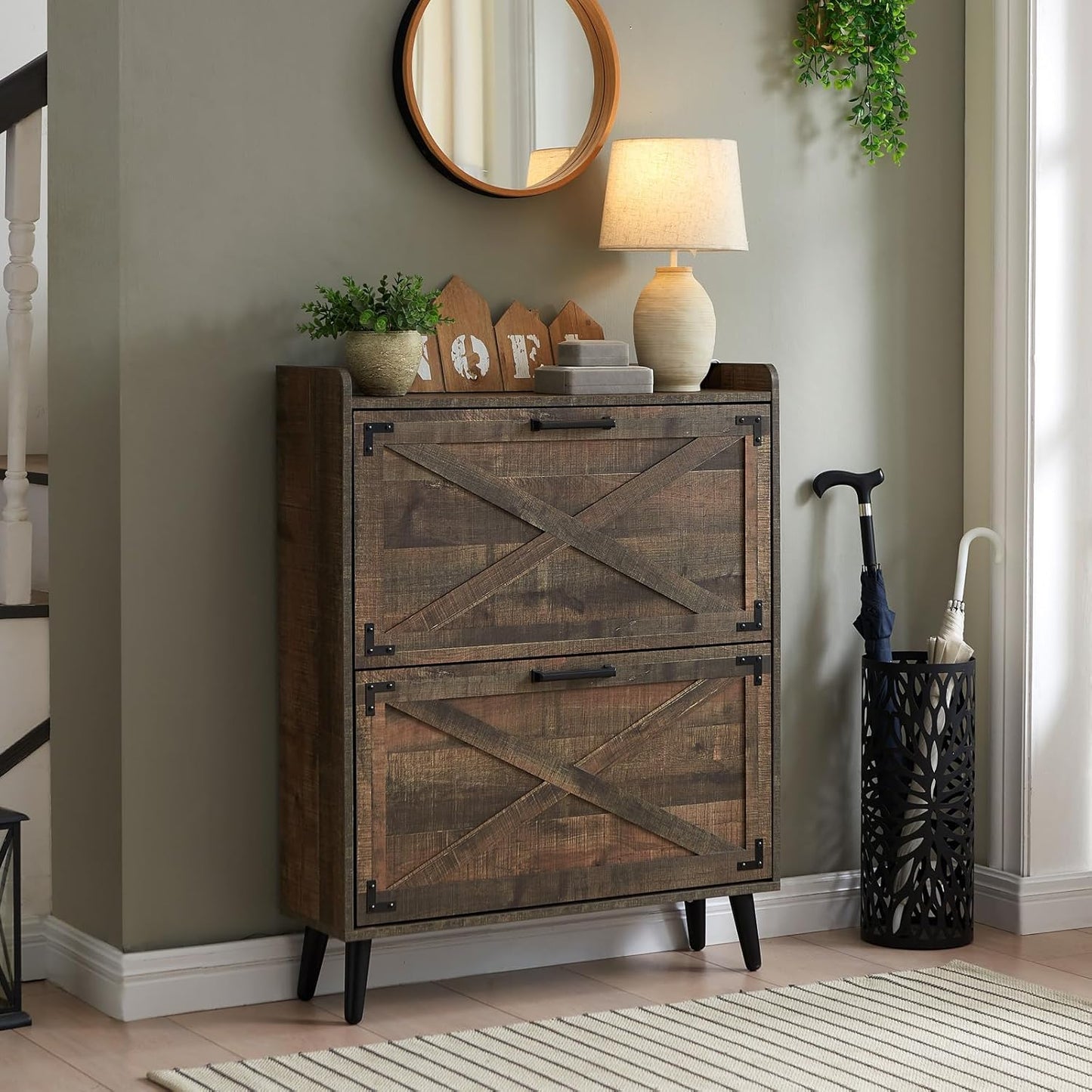 Shoe Storage Cabinet,Farmhouse Shoe Organizer with 2 Flip Drawers & Barn Door Design,Freestanding Hidden Slim Narrow Shoe Rack Cabinet for Entryway,Foyer,Hallway,Walnut