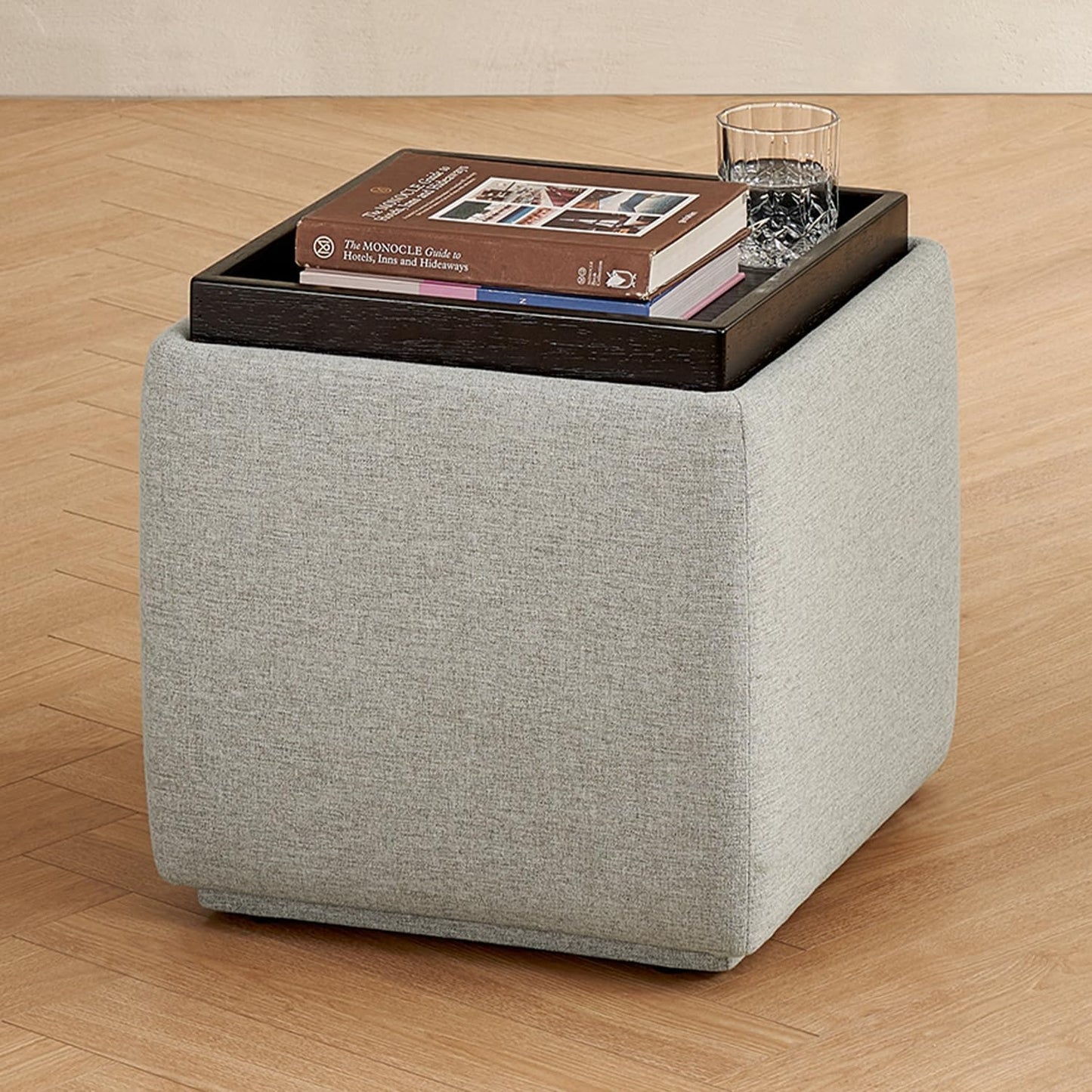 mopio Levi Storage Bench with Reversible Tray, Modern Storage Coffee Table, Bedroom Bench, Rectangular Cube Upholstered Coffee Table Ottoman for Living Room, Bedroom (Faux Leather, Pecan Brown)
