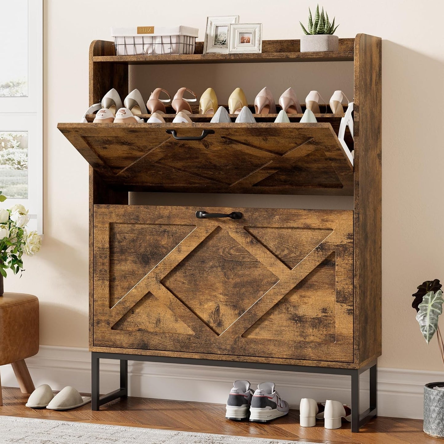 Nicetree Shoe Cabinet with 2 Flip Drawers, Freestanding Shoe Organizer with Metal Legs, Narrow Shoe Rack Cabinet, Farmhouse Slim Shoe Storage Cabinet for Entryway, Foyer, Hallway, Rustic Brown