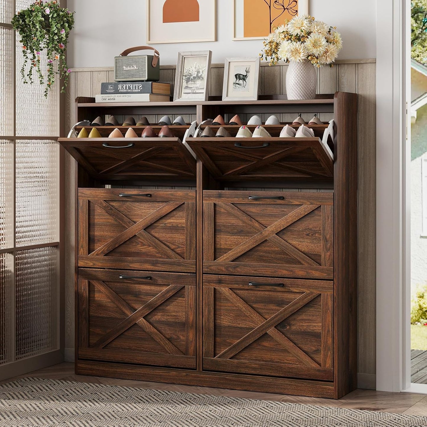 Maupvit Shoe Storage Cabinet with 2 Flip Drawers, Freestanding Organizer with Metal Legs for Entryway, Narrow Shoe Rack Cabinet, Dark Walnut