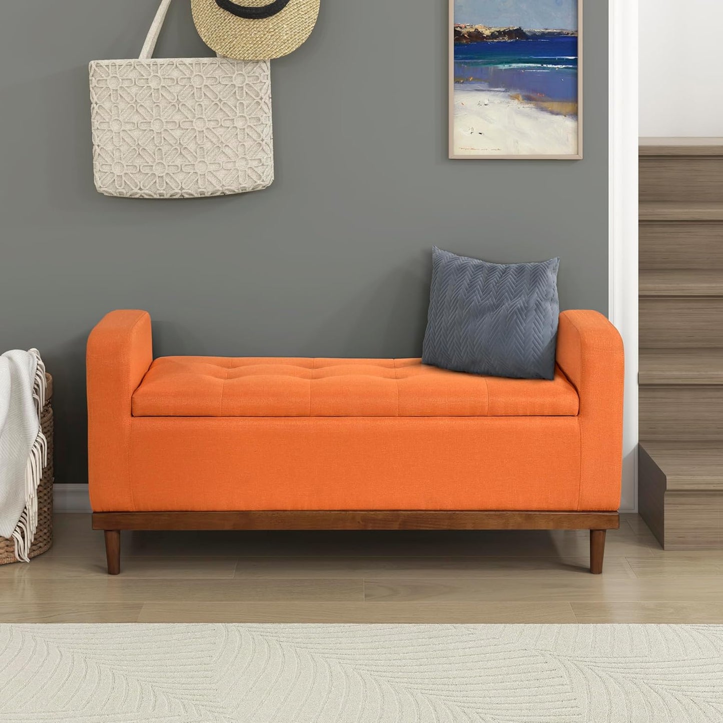 Lexicon Armed Fabric Storage Bench, Button-Tufted Storage Ottoman Bench, Lift-top Bench with Solid Wood Frame and Legs for Hallway, Bedroom End of Bed, Entryway, Living Room, Brown