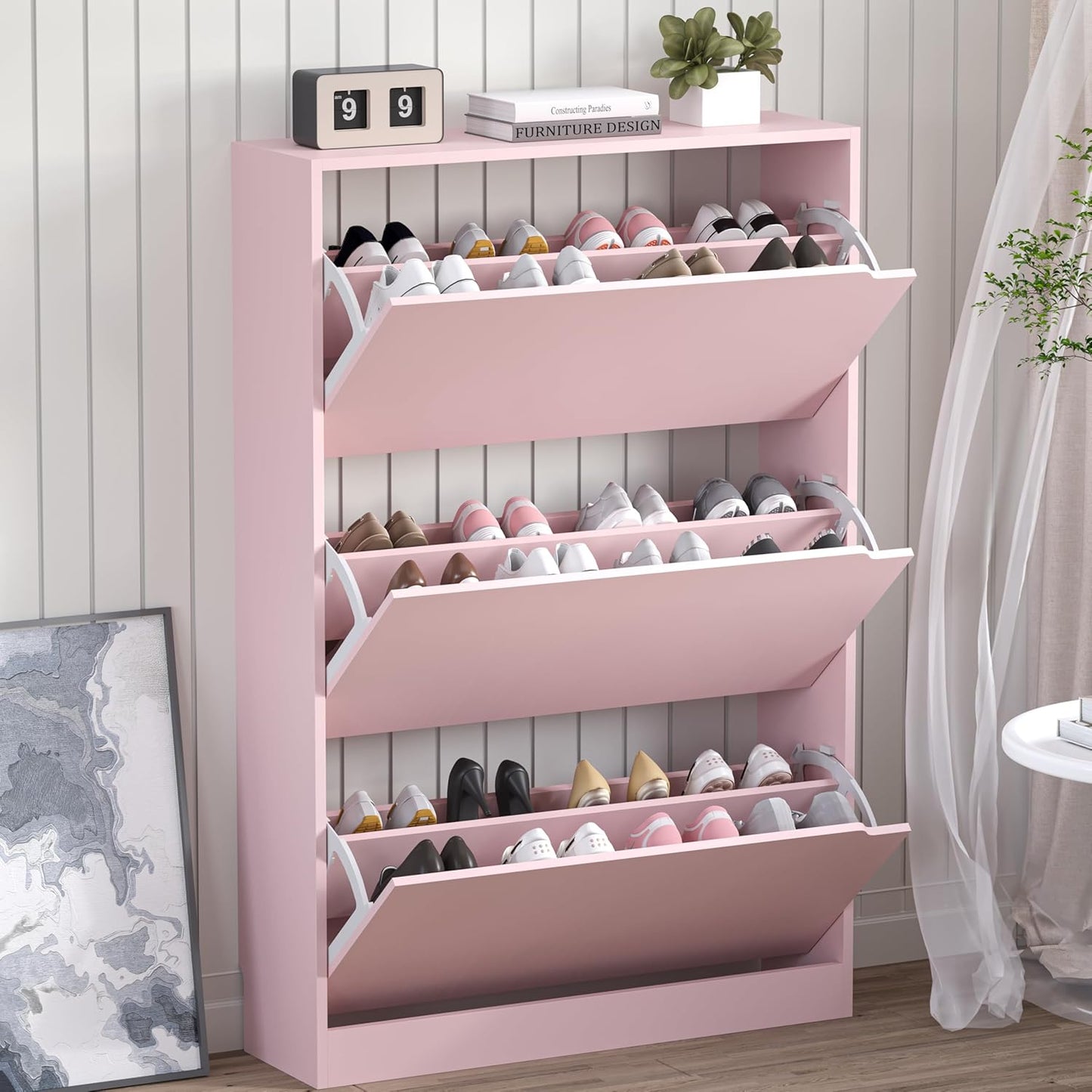 Shoe Cabinet with 3 Flip Drawers, Hidden Wood Shoe Cabinet,Freestanding Shoe Storage Cabinet for Entryway Hallway.White. 47.2" H*31.5" W*9.25" D.