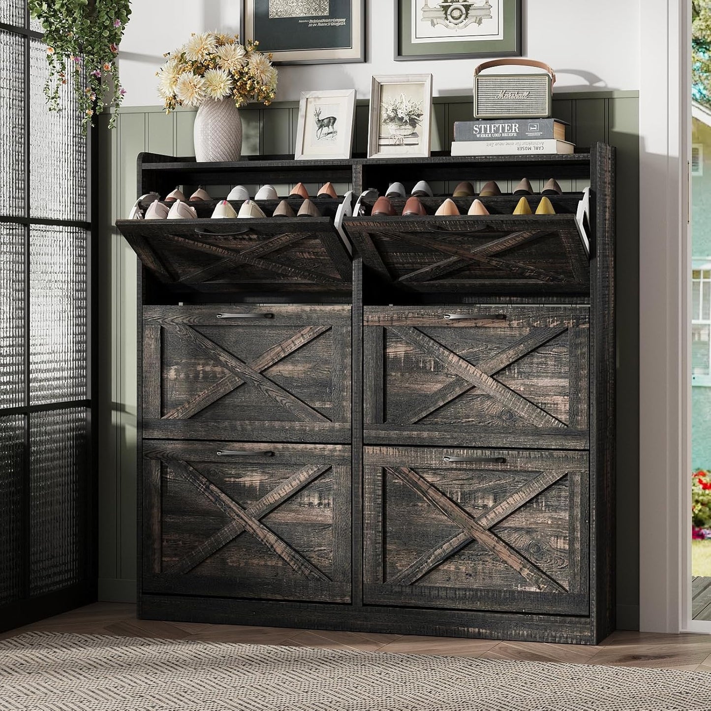 Maupvit Shoe Storage Cabinet with 2 Flip Drawers, Freestanding Organizer with Metal Legs for Entryway, Narrow Shoe Rack Cabinet, Dark Walnut