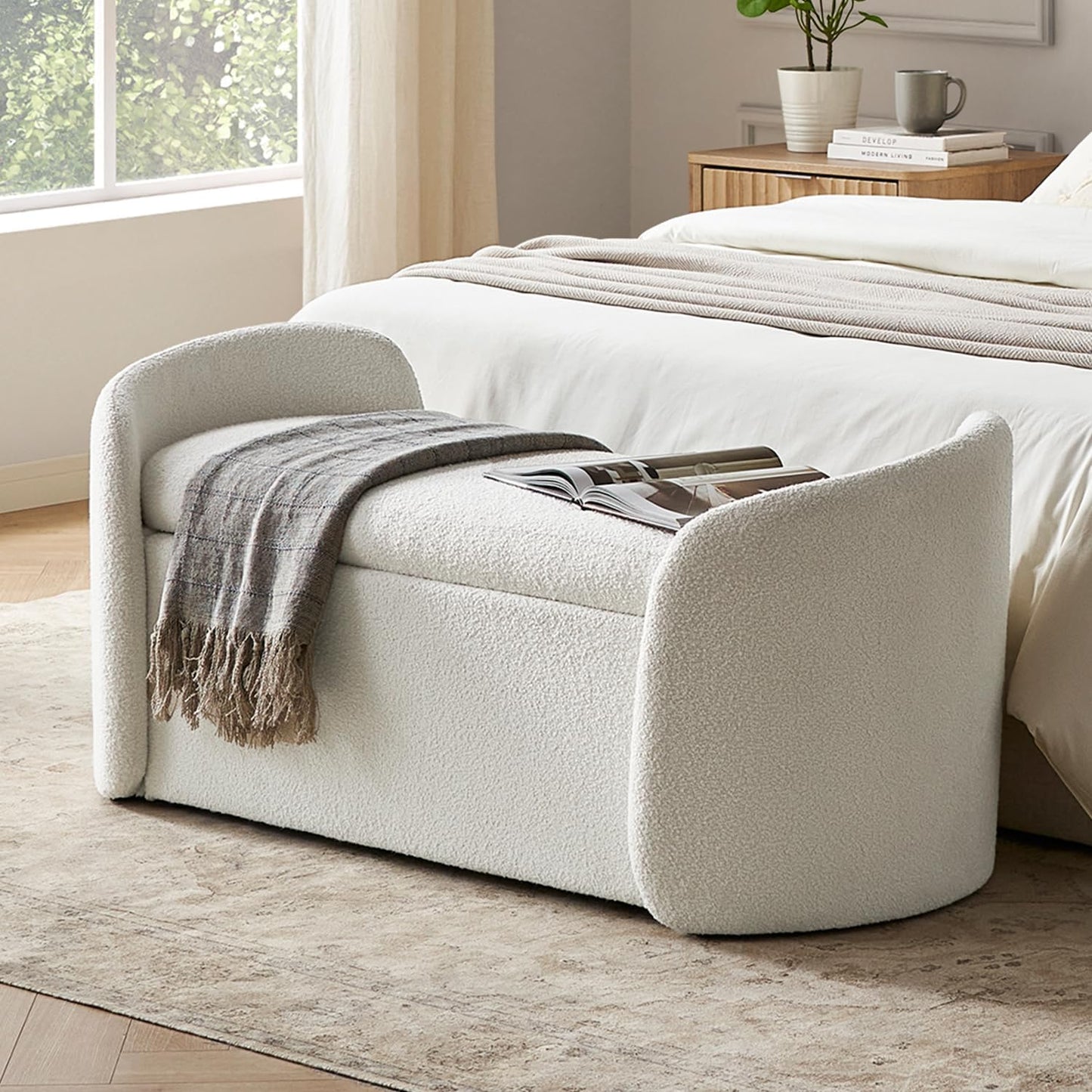 mopio Levi Storage Bench with Reversible Tray, Modern Storage Coffee Table, Bedroom Bench, Rectangular Cube Upholstered Coffee Table Ottoman for Living Room, Bedroom (Faux Leather, Pecan Brown)