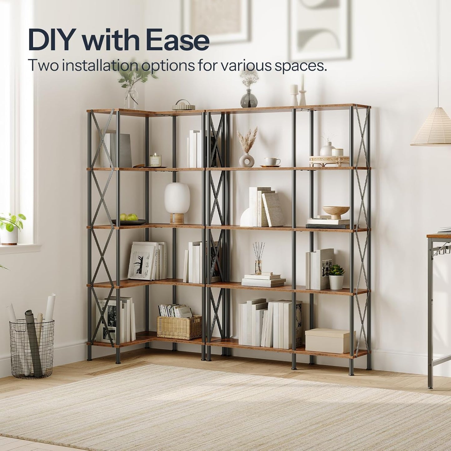 HOOBRO Corner Bookshelf, 5-Tier L-Shaped Bookcase, Industrial Open Display Shelf Tall Storage Organizer, Vertical Storage Rack, for Living Room, Home Office, Rustic Brown and Black BF60SJ01