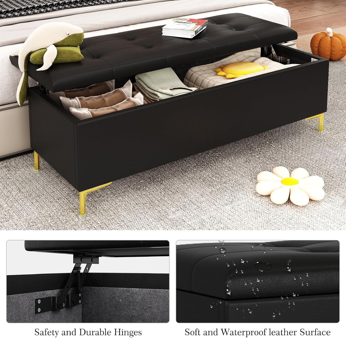 Storage Ottoman Bench 60.2 Inches, Upholstered End of Bed Bench with Large Storge and Seating, Long Ottoman with Safty Hinge for Entryway, Linving Room, Bedroom,Holds Up to 600 Lbs, Black