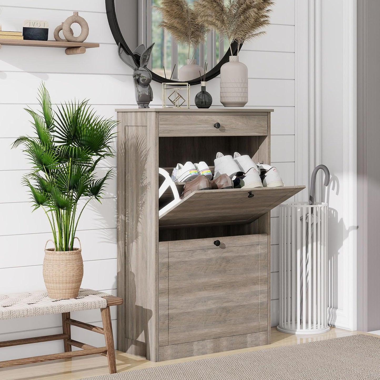 Shoe Cabinet with 2 Flip Drawers, Slim Freestanding Hidden Shoe Organizer with Drawer, Pet-Proof Shoe Storage Cabinet for Entryway Living Room Behind The Door, Black