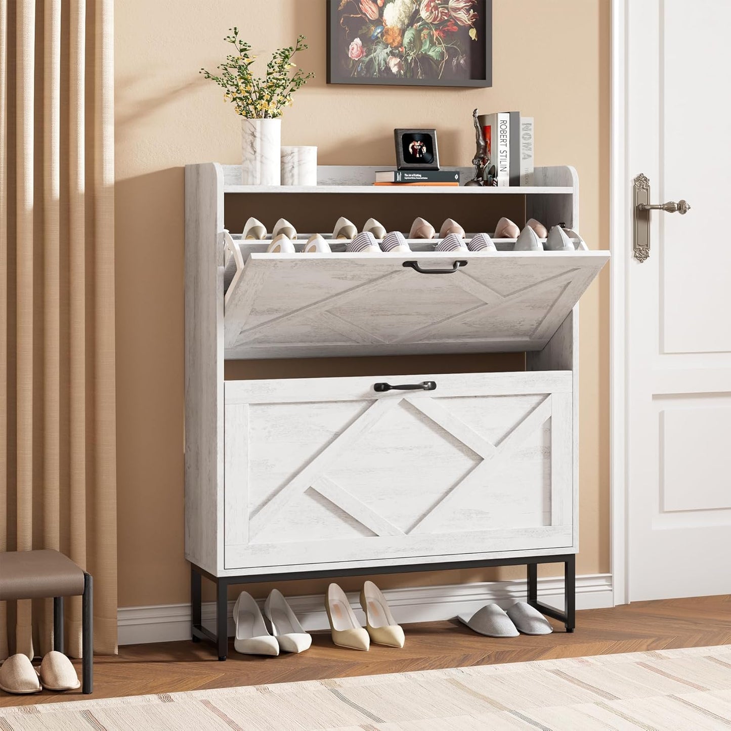Nicetree Shoe Cabinet with 2 Flip Drawers, Freestanding Shoe Organizer with Metal Legs, Narrow Shoe Rack Cabinet, Farmhouse Slim Shoe Storage Cabinet for Entryway, Foyer, Hallway, Rustic Brown