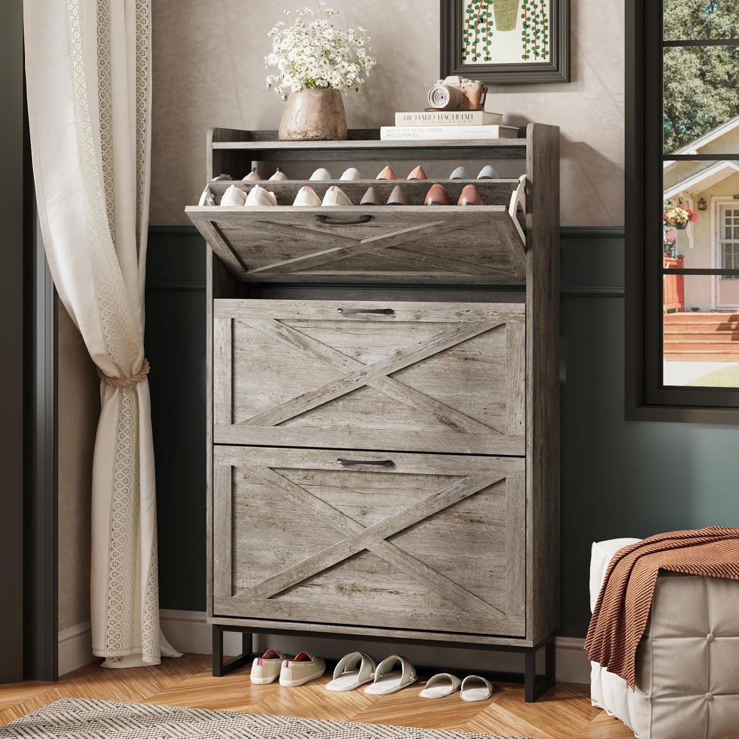 Maupvit Shoe Storage Cabinet with 2 Flip Drawers, Freestanding Organizer with Metal Legs for Entryway, Narrow Shoe Rack Cabinet, Dark Walnut