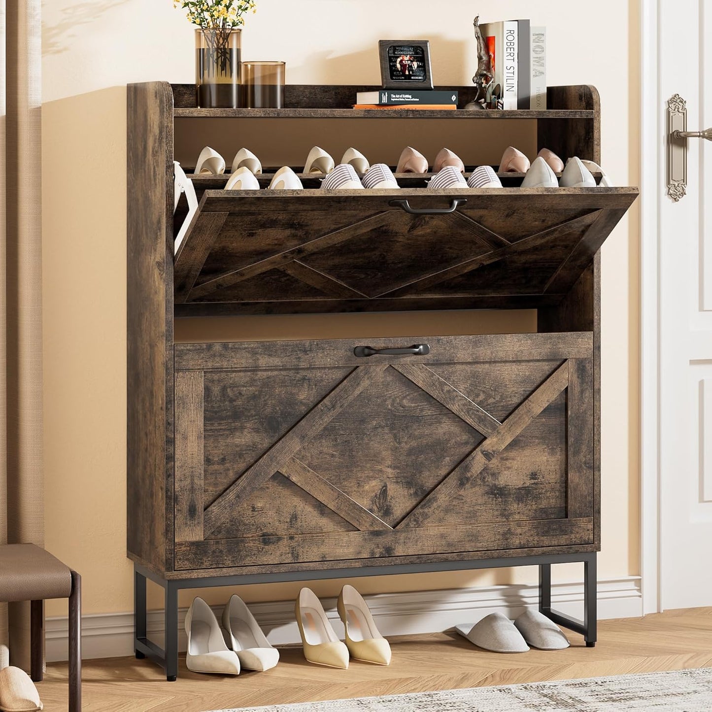 Nicetree Shoe Cabinet with 2 Flip Drawers, Freestanding Shoe Organizer with Metal Legs, Narrow Shoe Rack Cabinet, Farmhouse Slim Shoe Storage Cabinet for Entryway, Foyer, Hallway, Rustic Brown