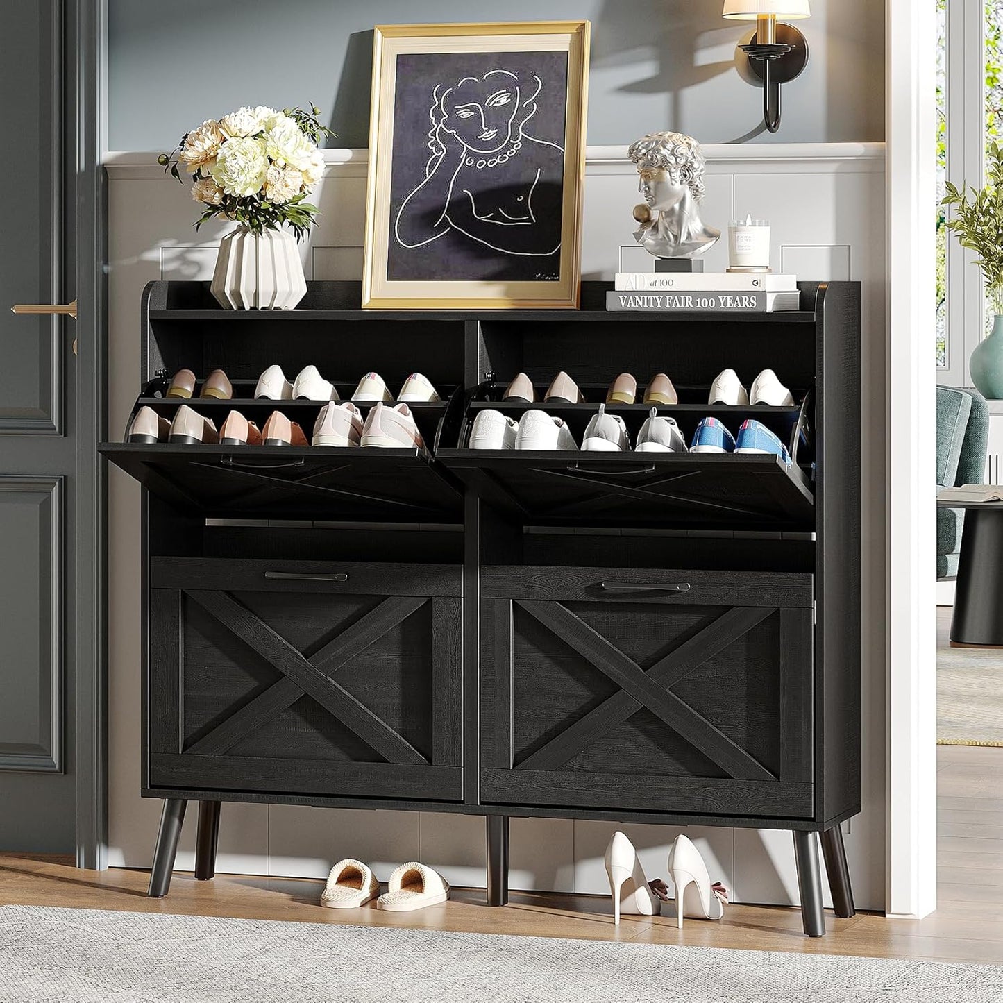 Maupvit Shoe Storage Cabinet with 2 Flip Drawers, Freestanding Organizer with Metal Legs for Entryway, Narrow Shoe Rack Cabinet, Dark Walnut