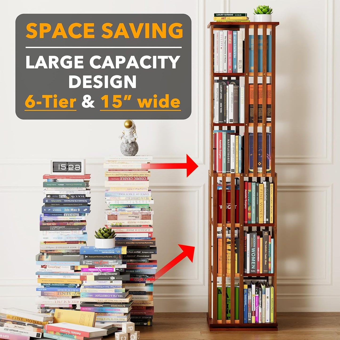 SpaceAid 6 Tier Rotating Bookshelf Tower, Bamboo Spinning Book Shelf, Revolving 360 Bookcase Storage Swivel Round Carousel, Vertical Rotate Turning Spiral Corner Organizer (6-Tier Walnut)