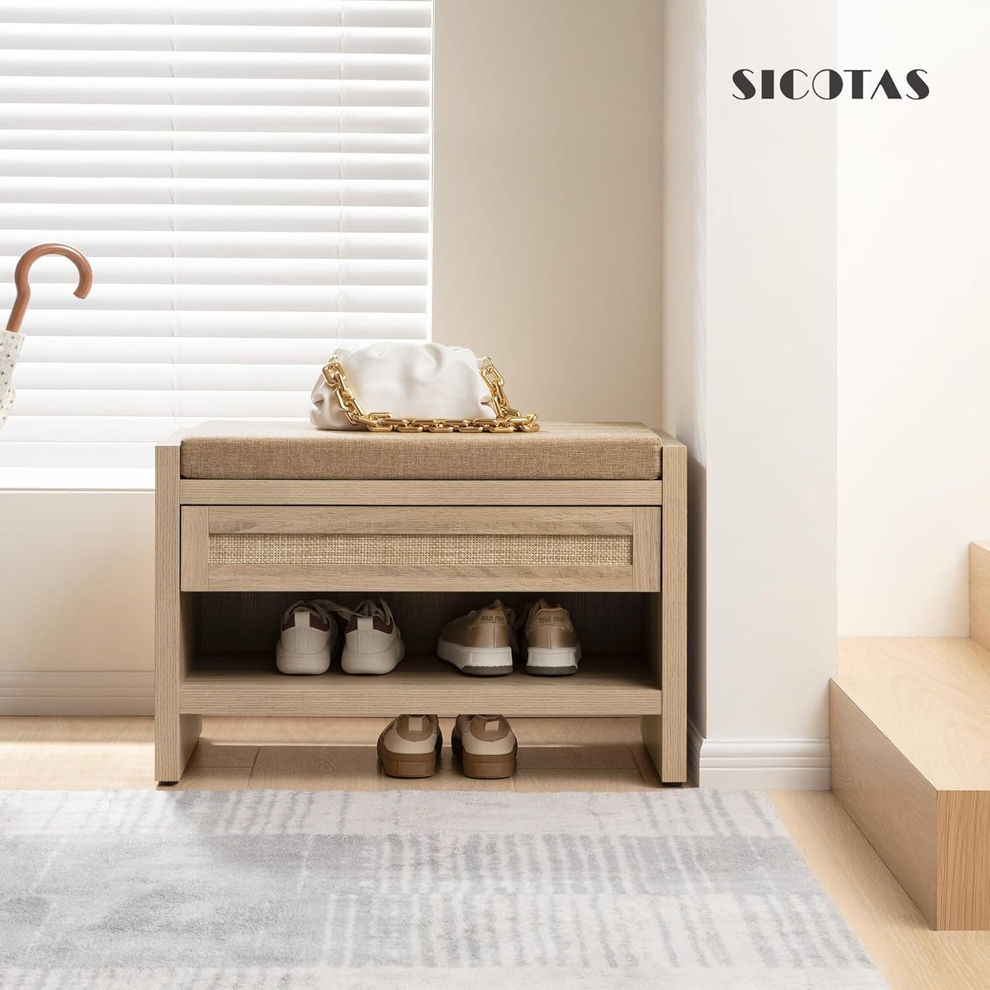 SICOTAS Rattan Shoe Bench Entryway Bench with Storage Drawer and Linen Seat Cushion, Farmhouse Boho Shoe Rack with Shelf, Wooden Storage Bench for Entryway Hallway and Bedroom, Light Oak, 2PCS