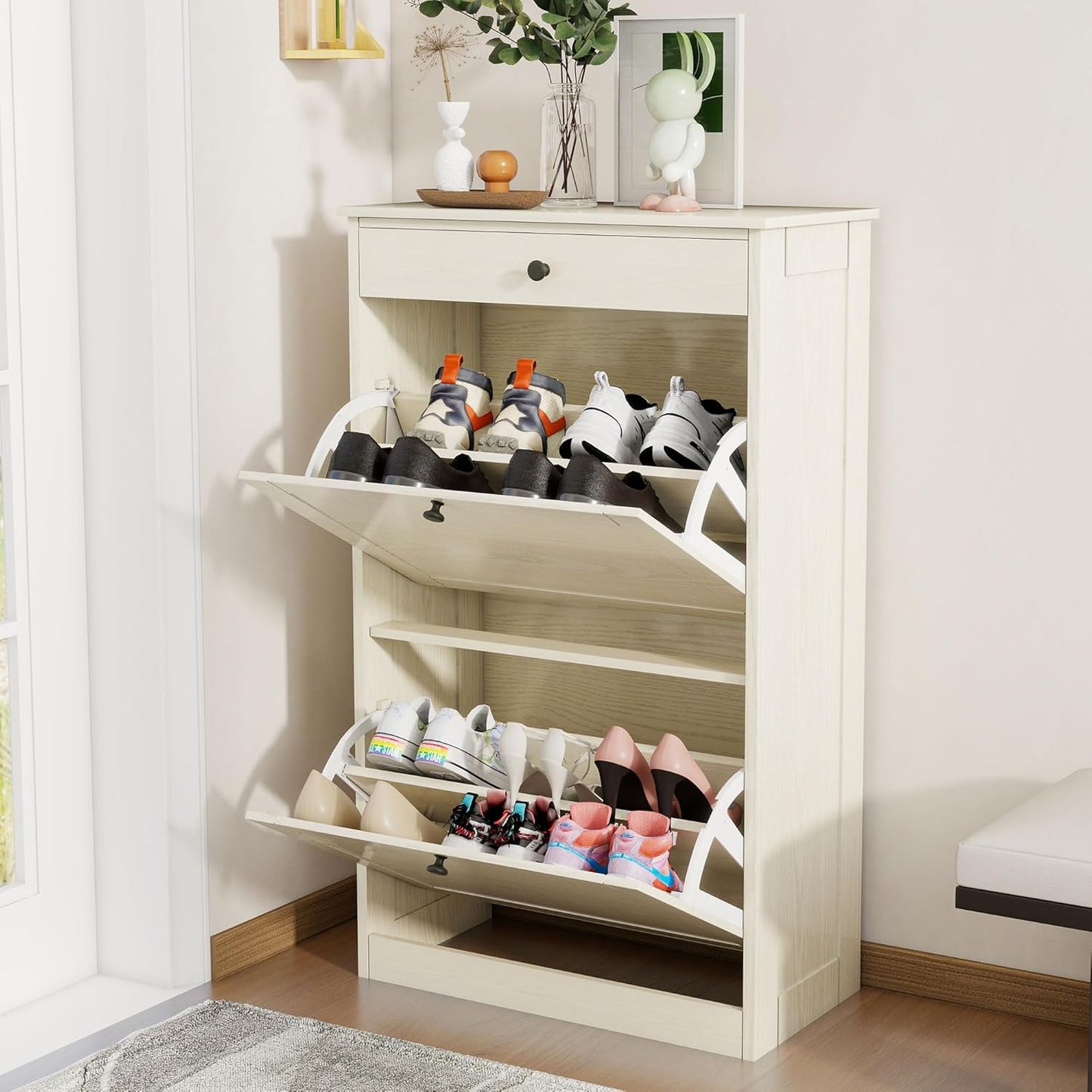 Shoe Cabinet with 2 Flip Drawers, Slim Freestanding Hidden Shoe Organizer with Drawer, Pet-Proof Shoe Storage Cabinet for Entryway Living Room Behind The Door, Black