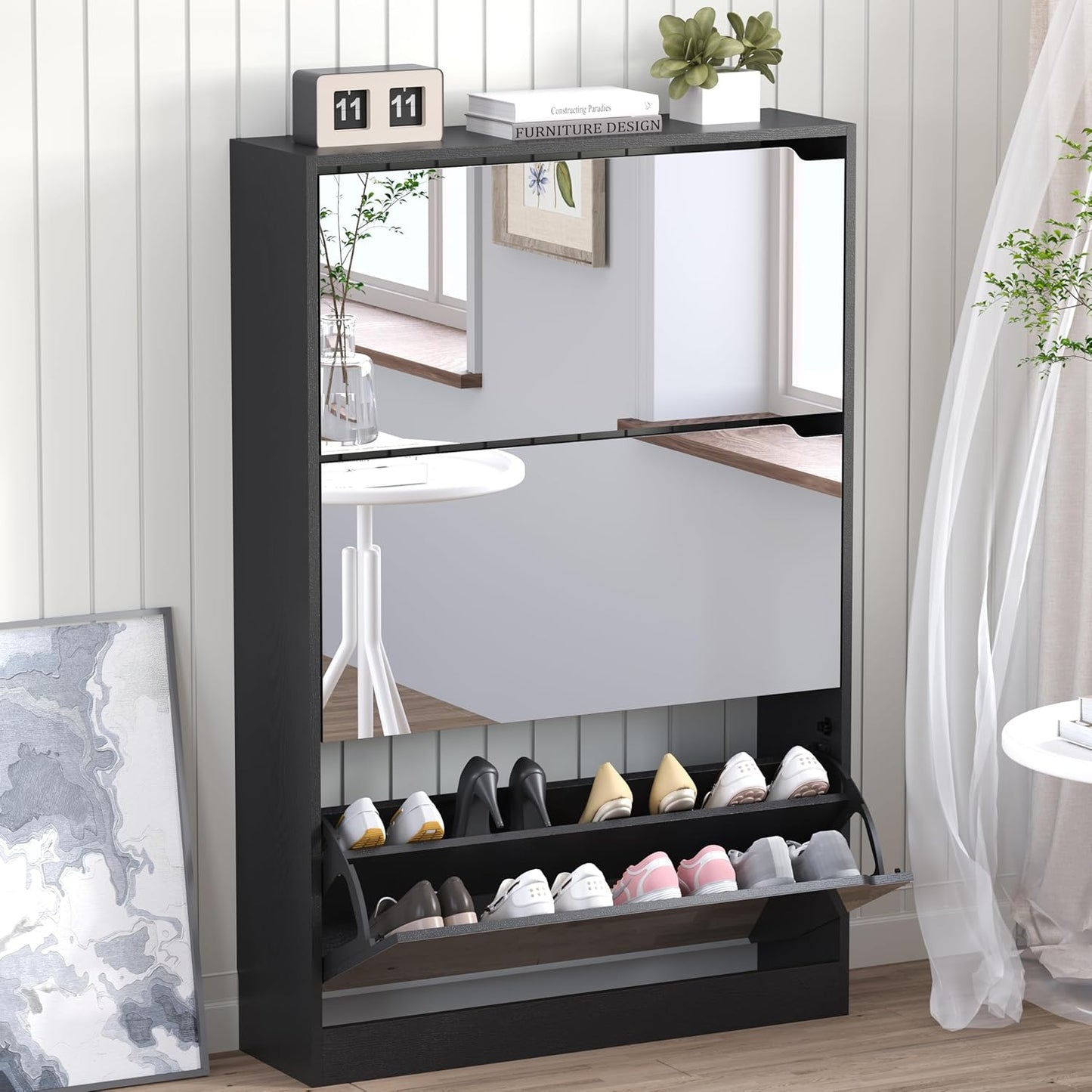 Shoe Cabinet with 3 Flip Drawers, Hidden Wood Shoe Cabinet,Freestanding Shoe Storage Cabinet for Entryway Hallway.White. 47.2" H*31.5" W*9.25" D.