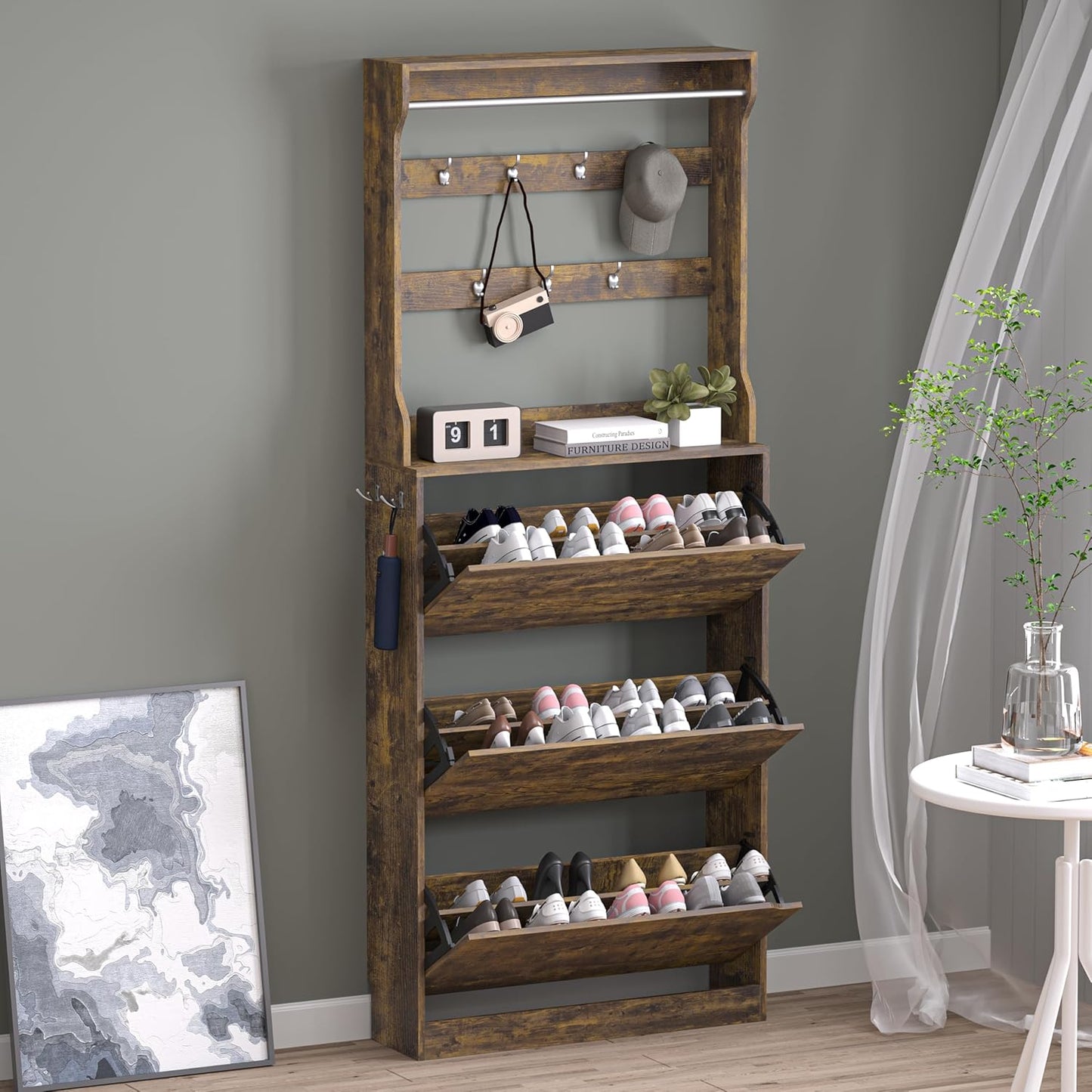 Shoe Cabinet with 3 Flip Drawers, Hidden Wood Shoe Cabinet,Freestanding Shoe Storage Cabinet for Entryway Hallway.White. 47.2" H*31.5" W*9.25" D.