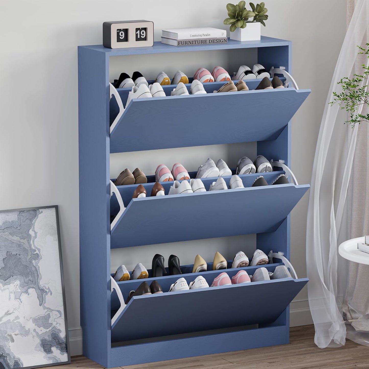 Shoe Cabinet with 3 Flip Drawers, Hidden Wood Shoe Cabinet,Freestanding Shoe Storage Cabinet for Entryway Hallway.White. 47.2" H*31.5" W*9.25" D.
