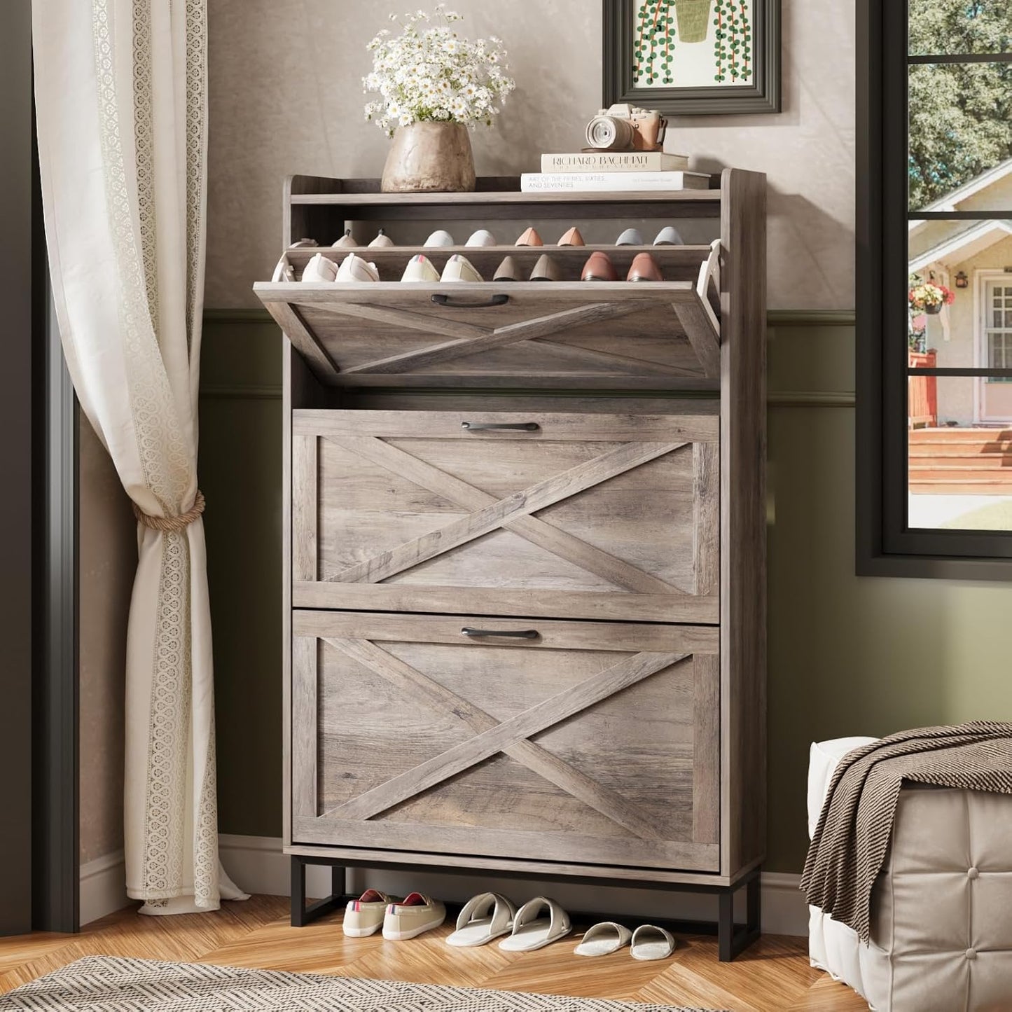 Maupvit Shoe Storage Cabinet with 2 Flip Drawers, Freestanding Organizer with Metal Legs for Entryway, Narrow Shoe Rack Cabinet, Dark Walnut