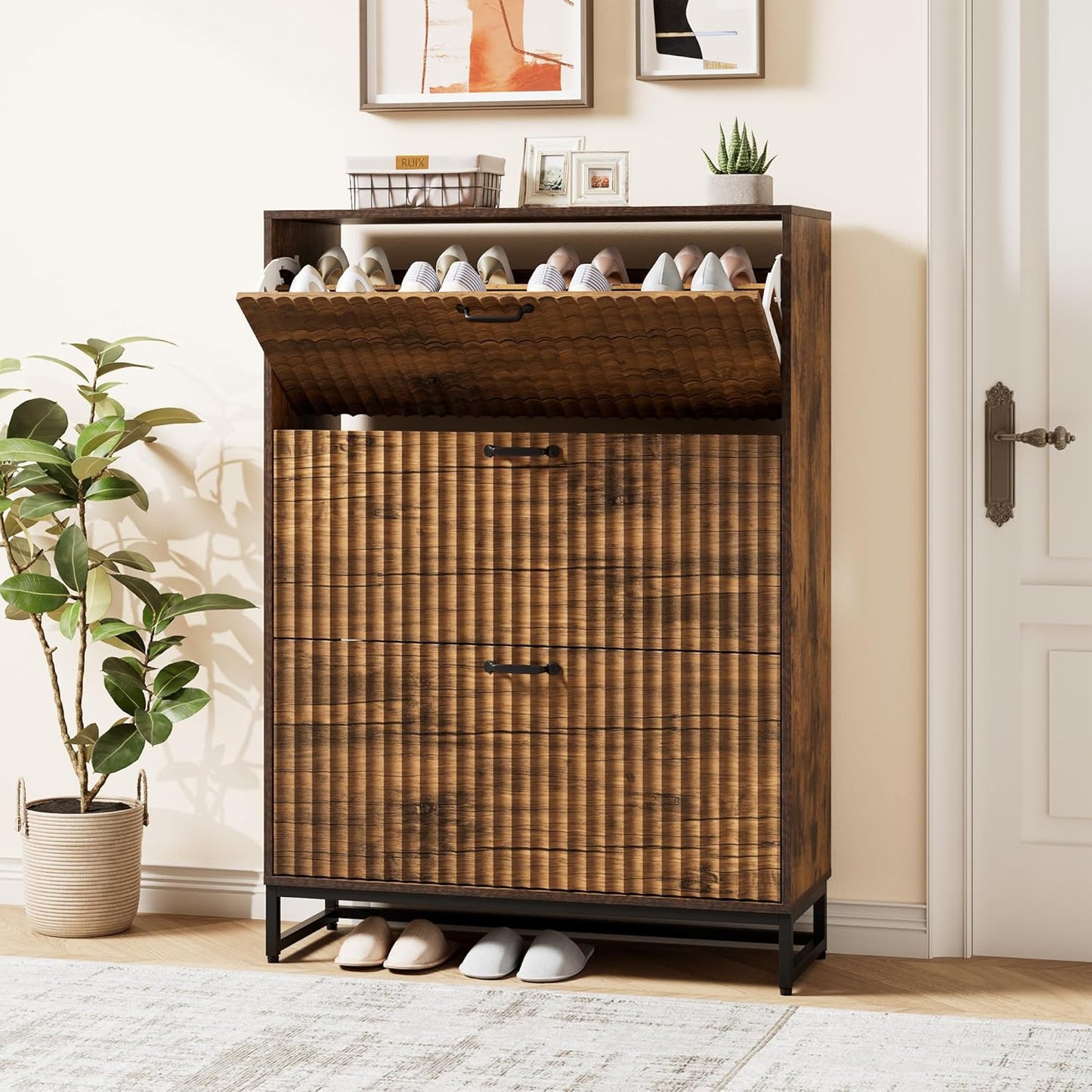 Nicetree Shoe Cabinet with 2 Flip Drawers, Freestanding Shoe Organizer with Metal Legs, Narrow Shoe Rack Cabinet, Farmhouse Slim Shoe Storage Cabinet for Entryway, Foyer, Hallway, Rustic Brown