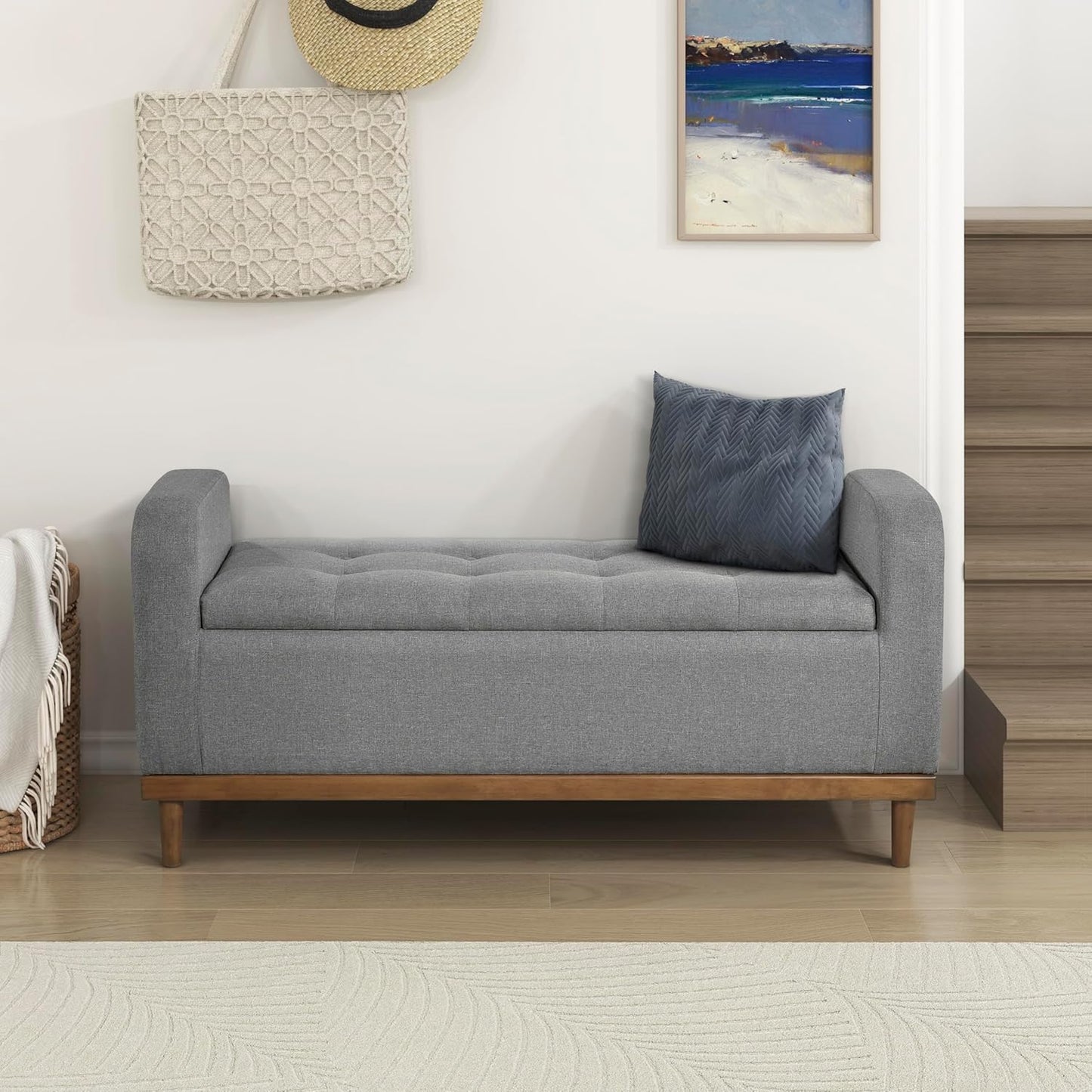 Lexicon Armed Fabric Storage Bench, Button-Tufted Storage Ottoman Bench, Lift-top Bench with Solid Wood Frame and Legs for Hallway, Bedroom End of Bed, Entryway, Living Room, Brown