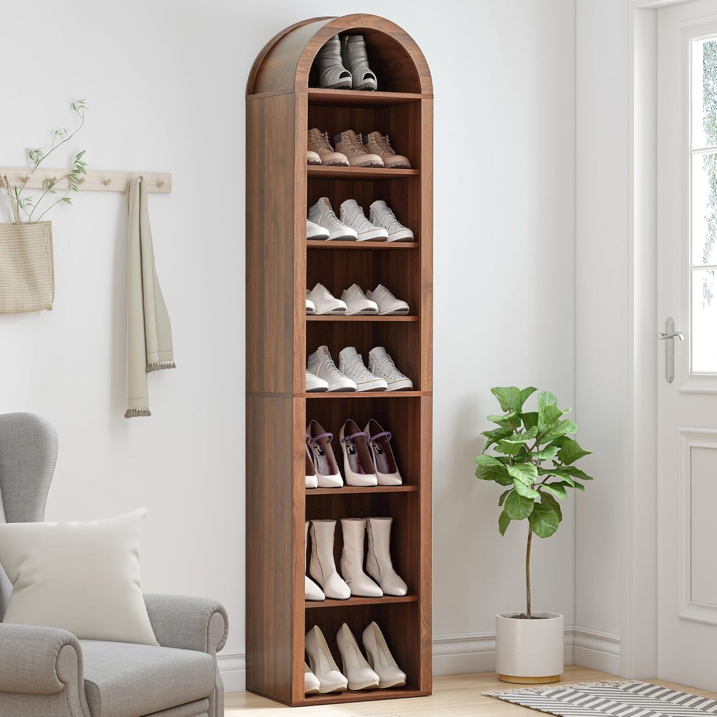 Tall Narrow Arched Bookshelf, 8-Tier Skinny Arch Bookcase for Small Space, Freestanding Storage Organizer with Adjustable Shelves, Open Display Shelves for Living Room, Entryway, Bathroom (Walnut)