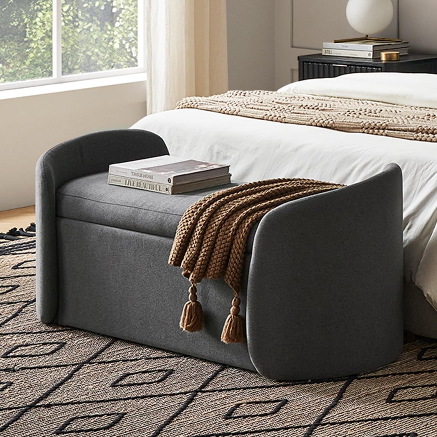 mopio Levi Storage Bench with Reversible Tray, Modern Storage Coffee Table, Bedroom Bench, Rectangular Cube Upholstered Coffee Table Ottoman for Living Room, Bedroom (Faux Leather, Pecan Brown)