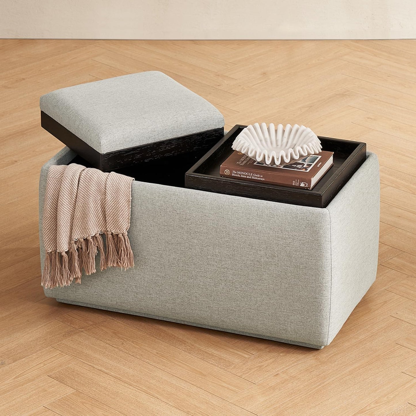 mopio Levi Storage Bench with Reversible Tray, Modern Storage Coffee Table, Bedroom Bench, Rectangular Cube Upholstered Coffee Table Ottoman for Living Room, Bedroom (Faux Leather, Pecan Brown)