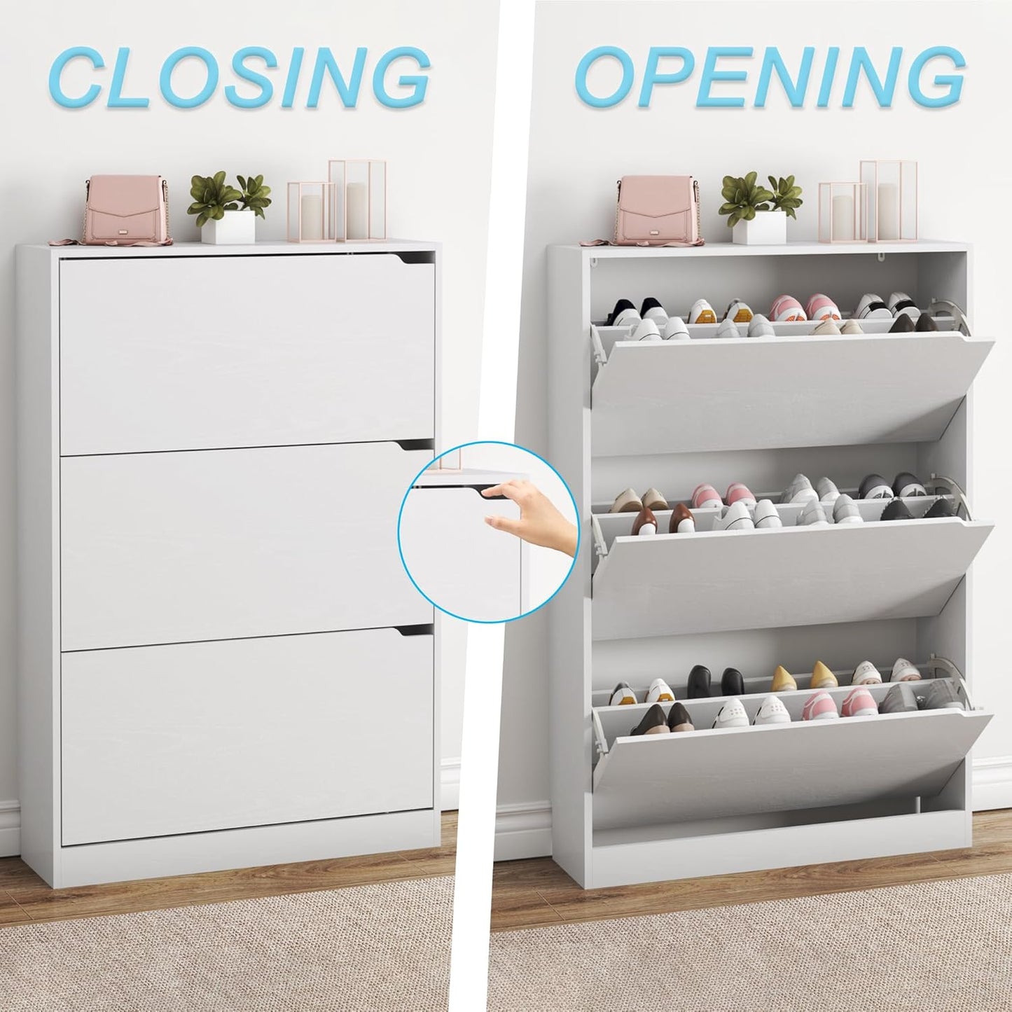 Shoe Cabinet with 3 Flip Drawers, Hidden Wood Shoe Cabinet,Freestanding Shoe Storage Cabinet for Entryway Hallway.White. 47.2" H*31.5" W*9.25" D.