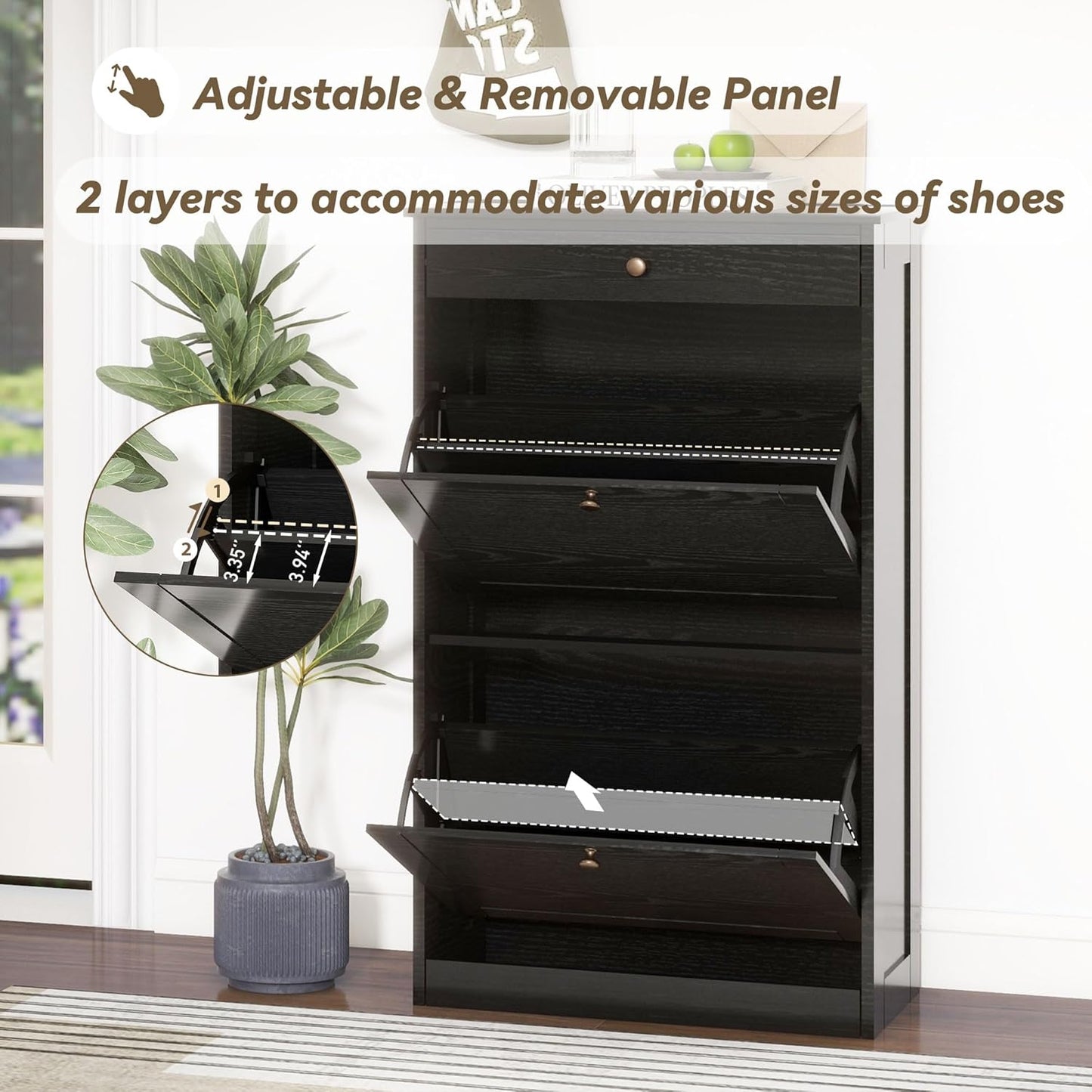 Shoe Cabinet with 2 Flip Drawers, Slim Freestanding Hidden Shoe Organizer with Drawer, Pet-Proof Shoe Storage Cabinet for Entryway Living Room Behind The Door, Black