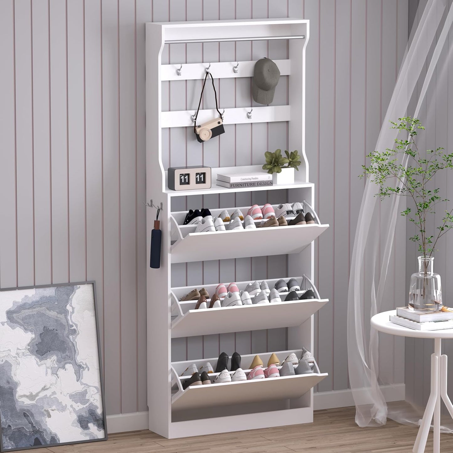 Shoe Cabinet with 3 Flip Drawers, Hidden Wood Shoe Cabinet,Freestanding Shoe Storage Cabinet for Entryway Hallway.White. 47.2" H*31.5" W*9.25" D.