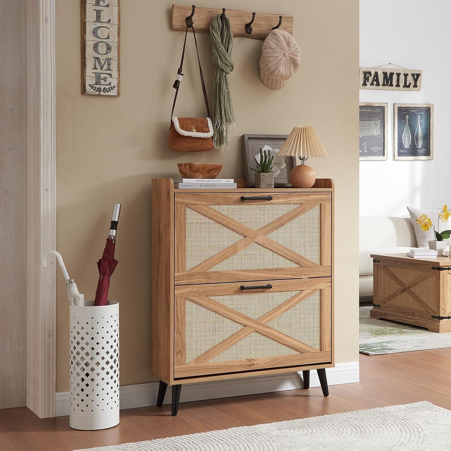 Shoe Storage Cabinet,Farmhouse Shoe Organizer with 2 Flip Drawers & Barn Door Design,Freestanding Hidden Slim Narrow Shoe Rack Cabinet for Entryway,Foyer,Hallway,Walnut