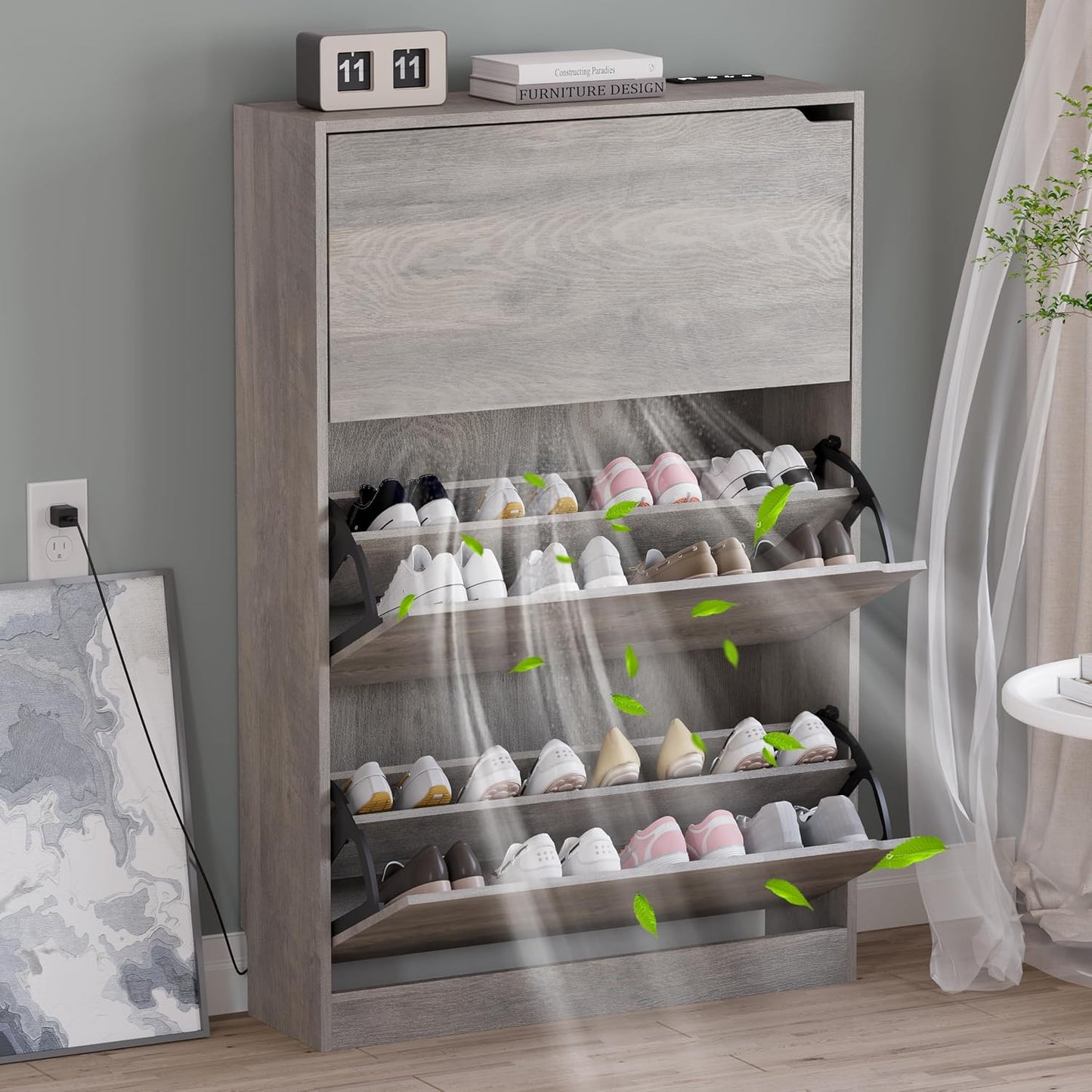 Shoe Cabinet with 3 Flip Drawers, Hidden Wood Shoe Cabinet,Freestanding Shoe Storage Cabinet for Entryway Hallway.White. 47.2" H*31.5" W*9.25" D.