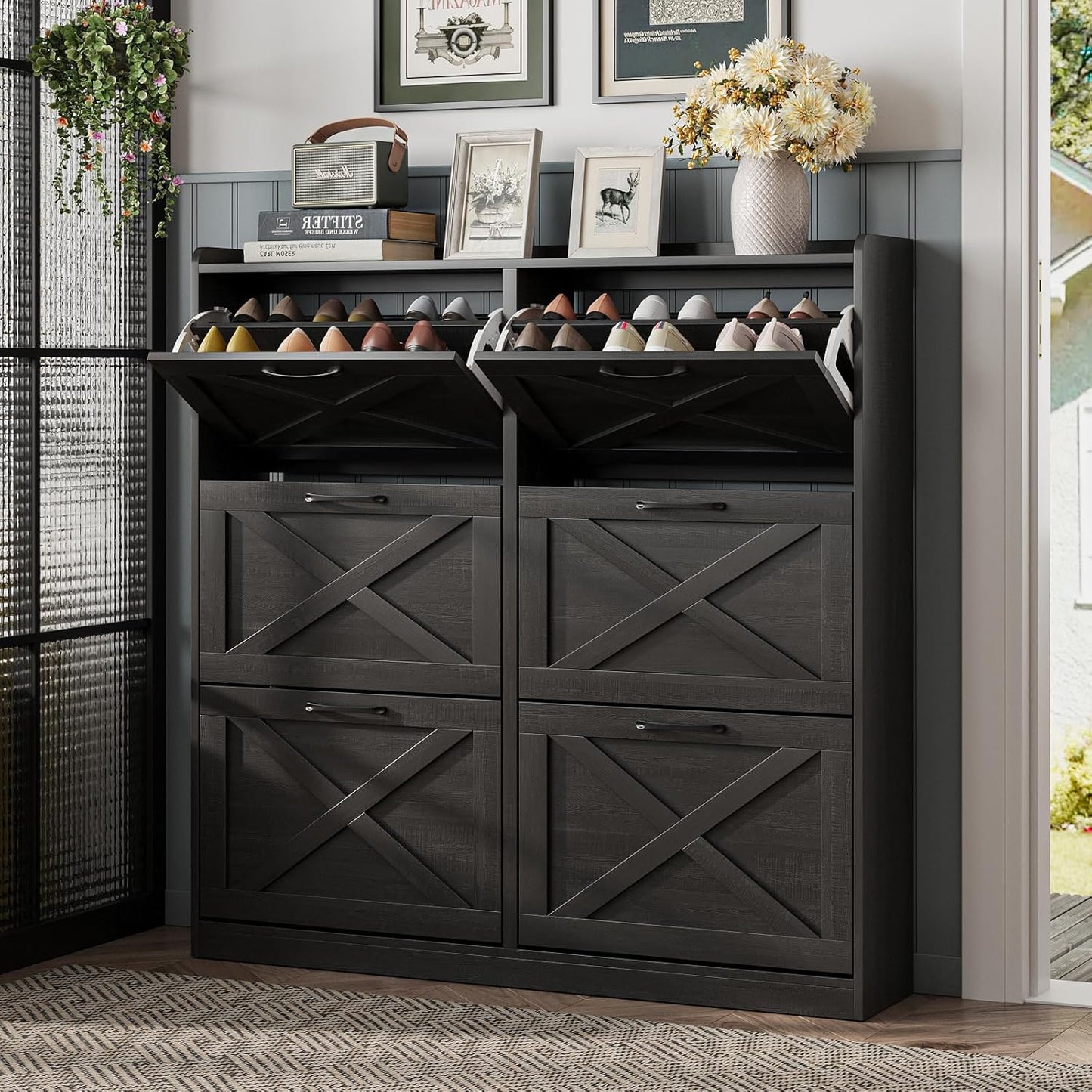 Maupvit Shoe Storage Cabinet with 2 Flip Drawers, Freestanding Organizer with Metal Legs for Entryway, Narrow Shoe Rack Cabinet, Dark Walnut