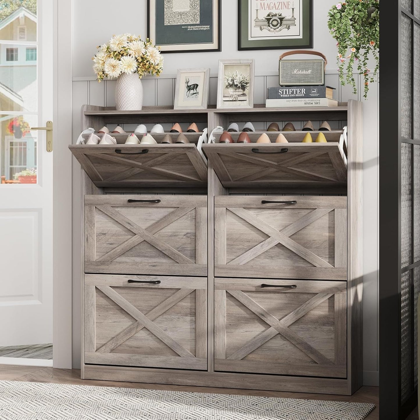Maupvit Shoe Storage Cabinet with 2 Flip Drawers, Freestanding Organizer with Metal Legs for Entryway, Narrow Shoe Rack Cabinet, Dark Walnut