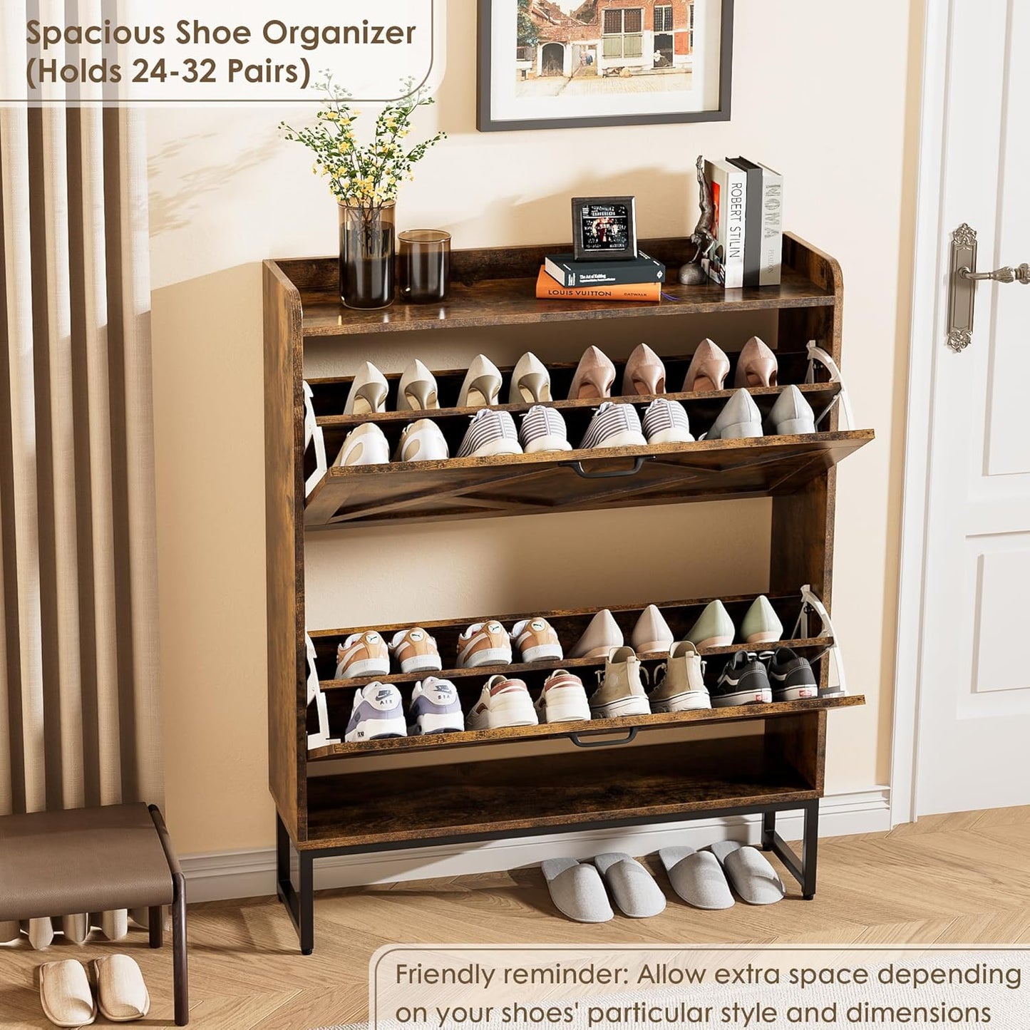 Nicetree Shoe Cabinet with 2 Flip Drawers, Freestanding Shoe Organizer with Metal Legs, Narrow Shoe Rack Cabinet, Farmhouse Slim Shoe Storage Cabinet for Entryway, Foyer, Hallway, Rustic Brown