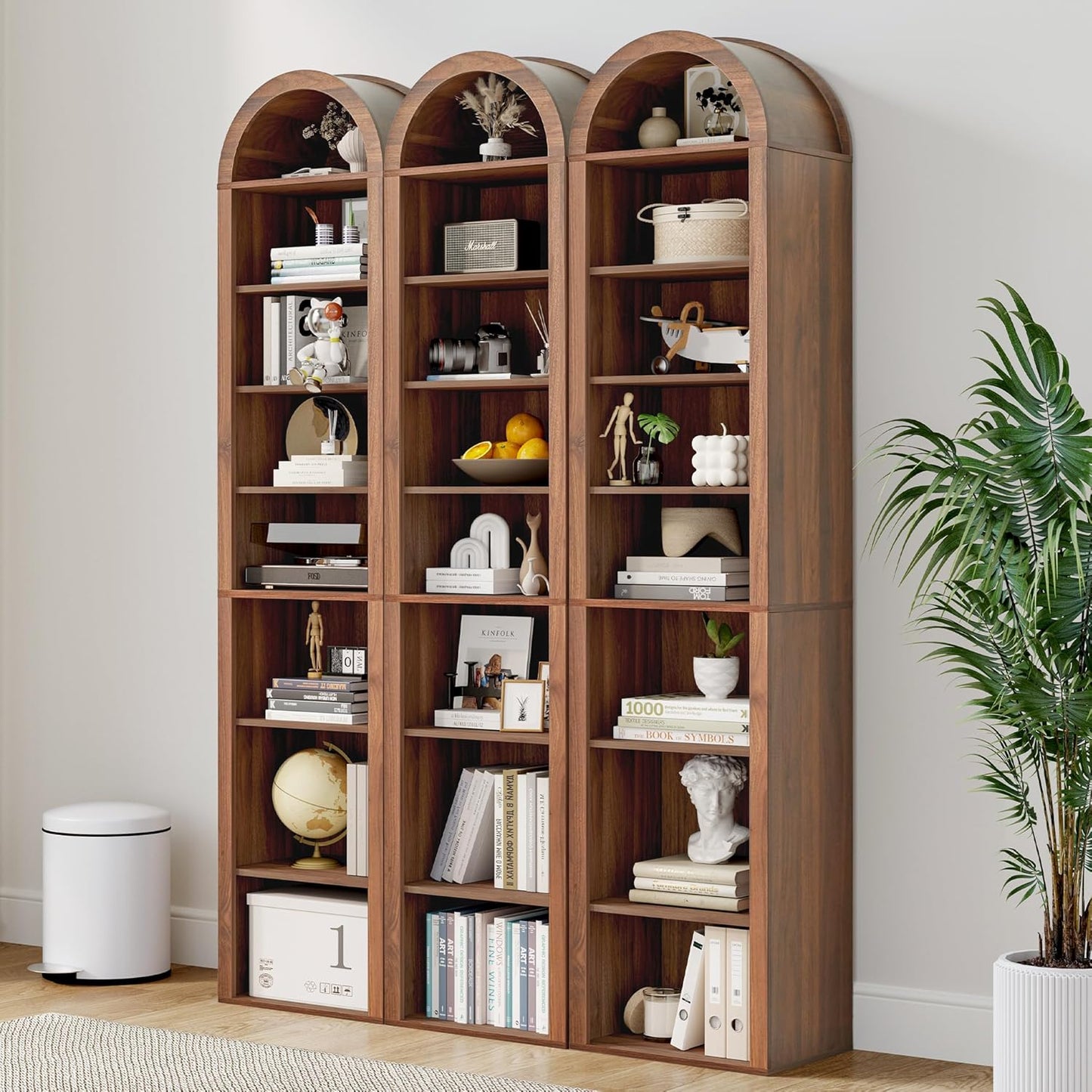 Tall Narrow Arched Bookshelf, 8-Tier Skinny Arch Bookcase for Small Space, Freestanding Storage Organizer with Adjustable Shelves, Open Display Shelves for Living Room, Entryway, Bathroom (Walnut)