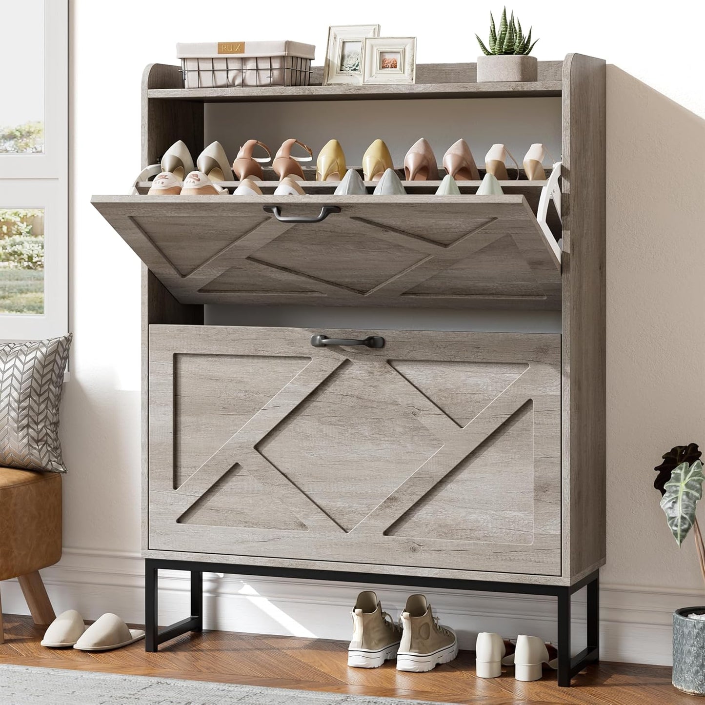 Nicetree Shoe Cabinet with 2 Flip Drawers, Freestanding Shoe Organizer with Metal Legs, Narrow Shoe Rack Cabinet, Farmhouse Slim Shoe Storage Cabinet for Entryway, Foyer, Hallway, Rustic Brown