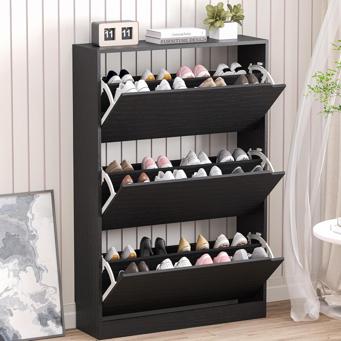 Shoe Cabinet with 3 Flip Drawers, Hidden Wood Shoe Cabinet,Freestanding Shoe Storage Cabinet for Entryway Hallway.White. 47.2" H*31.5" W*9.25" D.