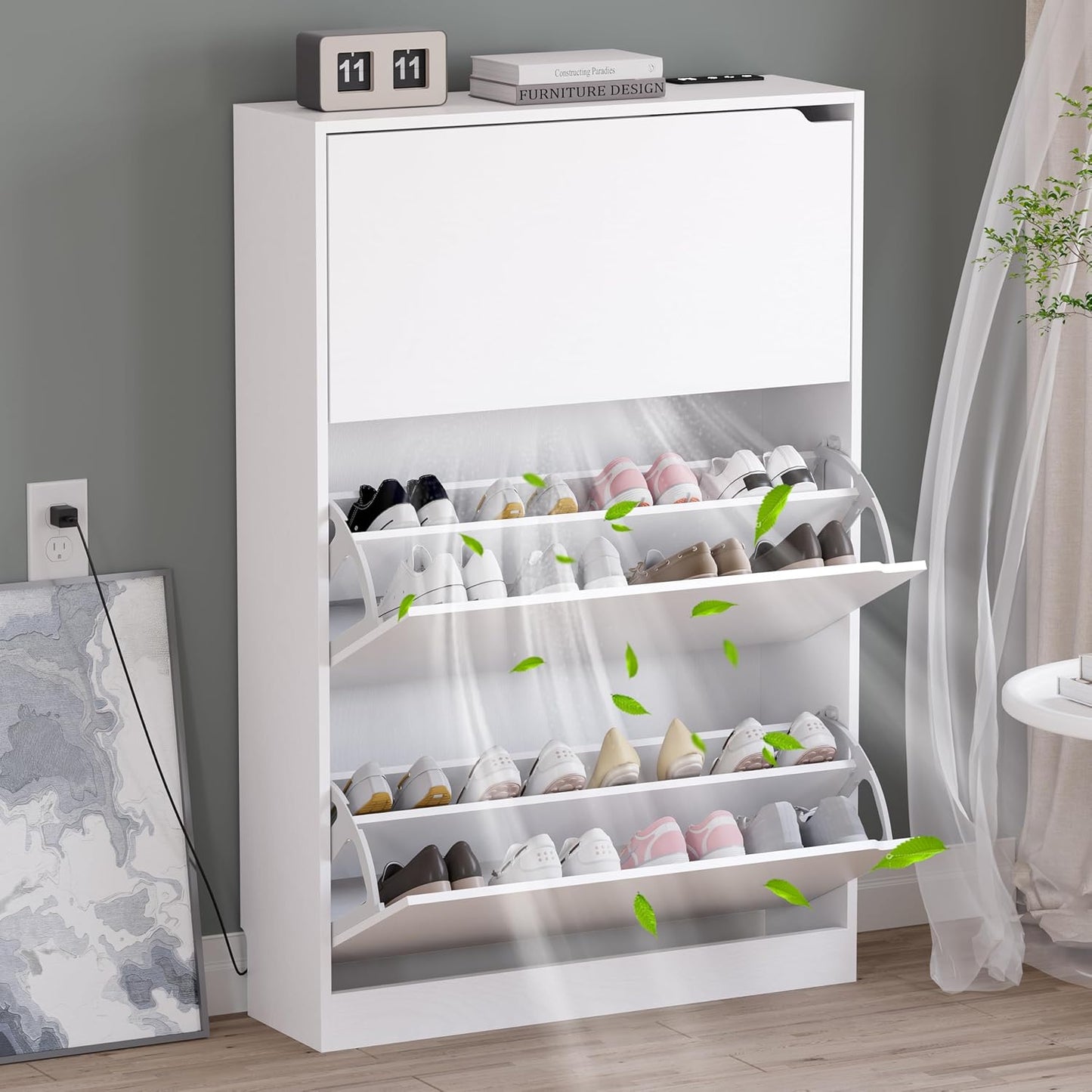 Shoe Cabinet with 3 Flip Drawers, Hidden Wood Shoe Cabinet,Freestanding Shoe Storage Cabinet for Entryway Hallway.White. 47.2" H*31.5" W*9.25" D.