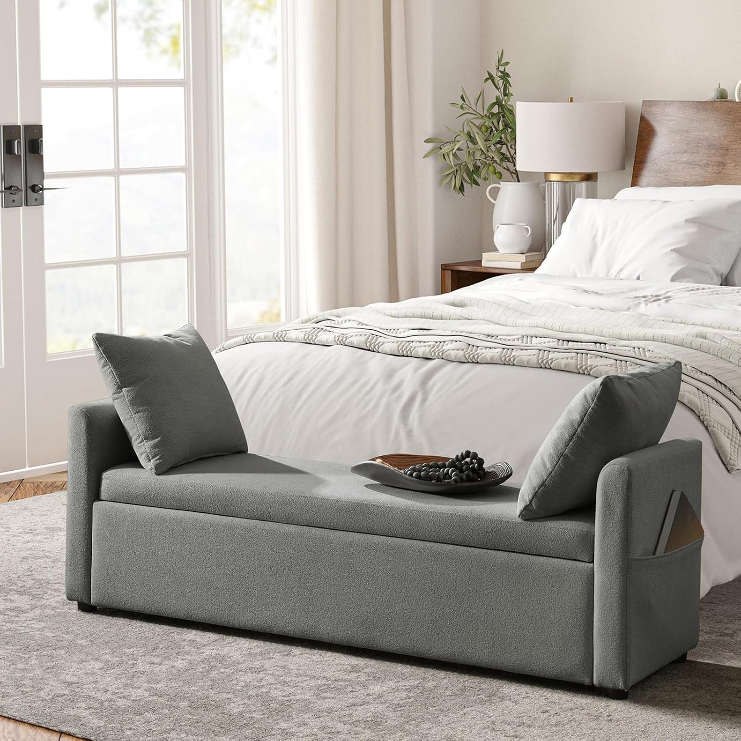 HULALA HOME Modern Storage Bench with Throw Pillows, 59.4" Extra Long Bedroom Ottoman Bench for End of Bed, Comfy Upholstered Footstool for Entryway Dining Room Living Room, Brown