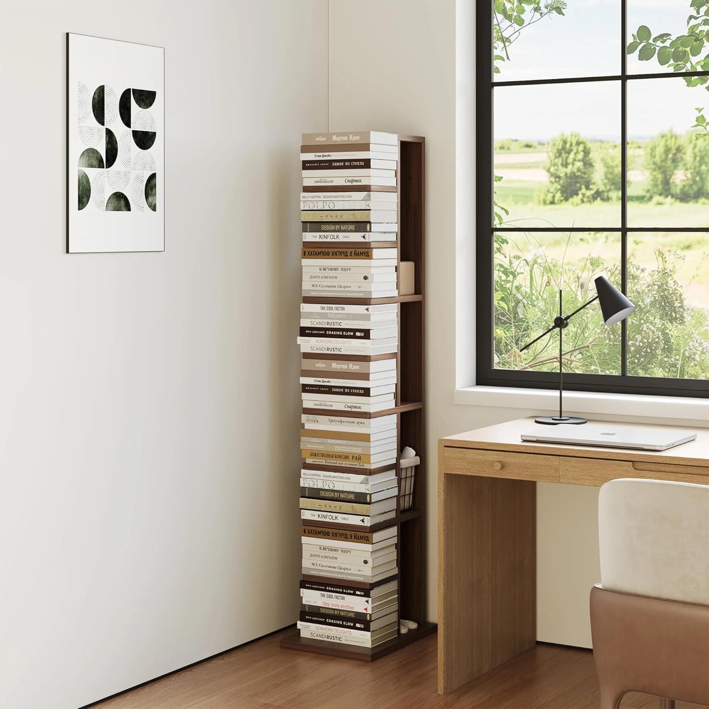 9-Piece Standing Ladder Bookshelf, Wood and Metal Bookcase, Rustic Brown (Walnut)