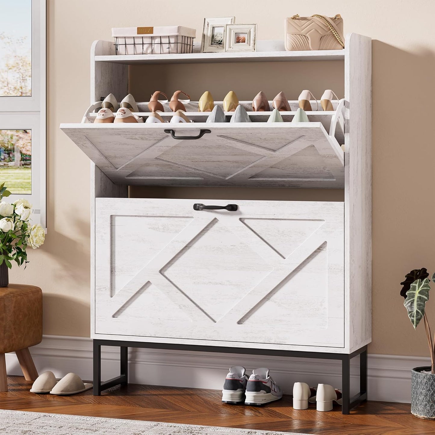 Nicetree Shoe Cabinet with 2 Flip Drawers, Freestanding Shoe Organizer with Metal Legs, Narrow Shoe Rack Cabinet, Farmhouse Slim Shoe Storage Cabinet for Entryway, Foyer, Hallway, Rustic Brown