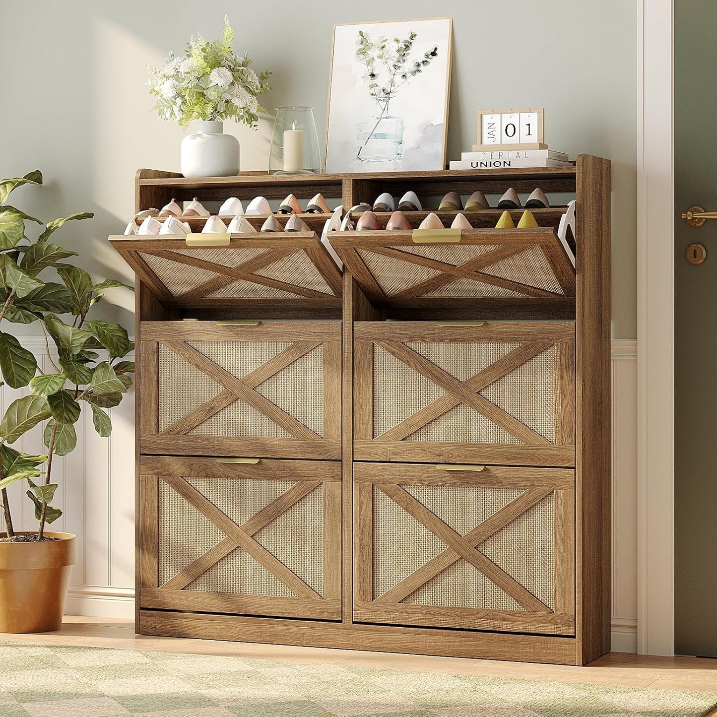 Maupvit Shoe Storage Cabinet with 2 Flip Drawers, Freestanding Organizer with Metal Legs for Entryway, Narrow Shoe Rack Cabinet, Dark Walnut
