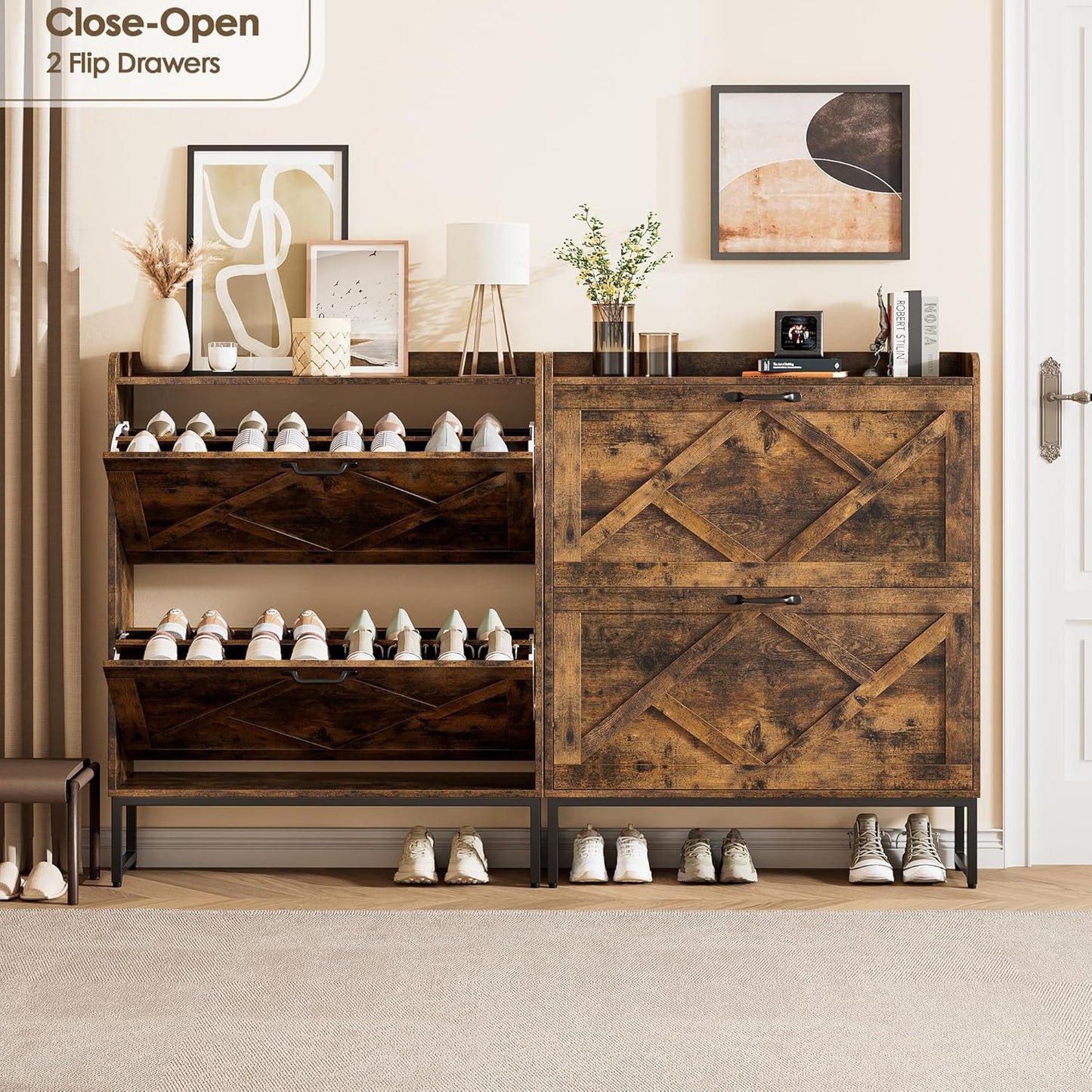 Nicetree Shoe Cabinet with 2 Flip Drawers, Freestanding Shoe Organizer with Metal Legs, Narrow Shoe Rack Cabinet, Farmhouse Slim Shoe Storage Cabinet for Entryway, Foyer, Hallway, Rustic Brown