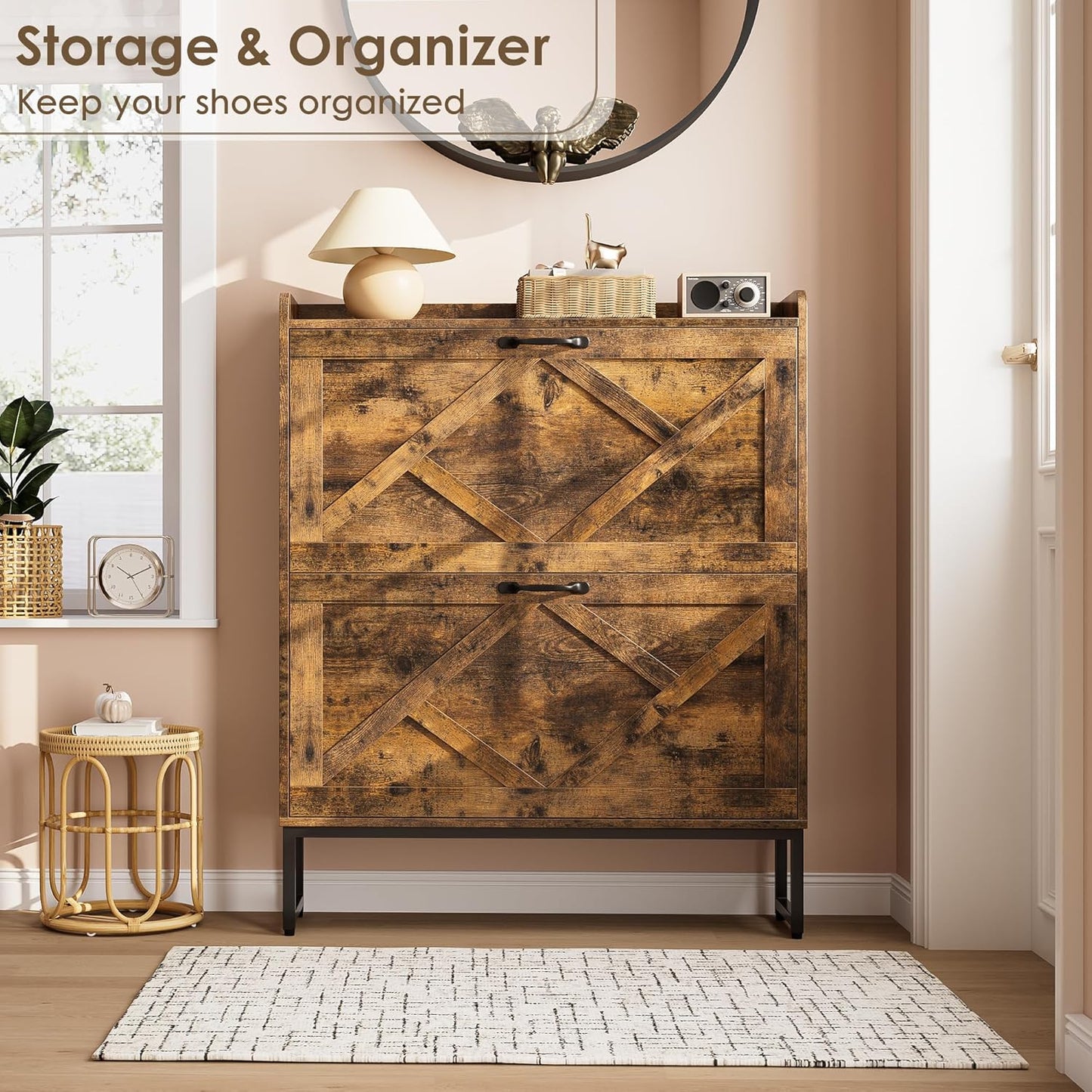 Nicetree Shoe Cabinet with 2 Flip Drawers, Freestanding Shoe Organizer with Metal Legs, Narrow Shoe Rack Cabinet, Farmhouse Slim Shoe Storage Cabinet for Entryway, Foyer, Hallway, Rustic Brown